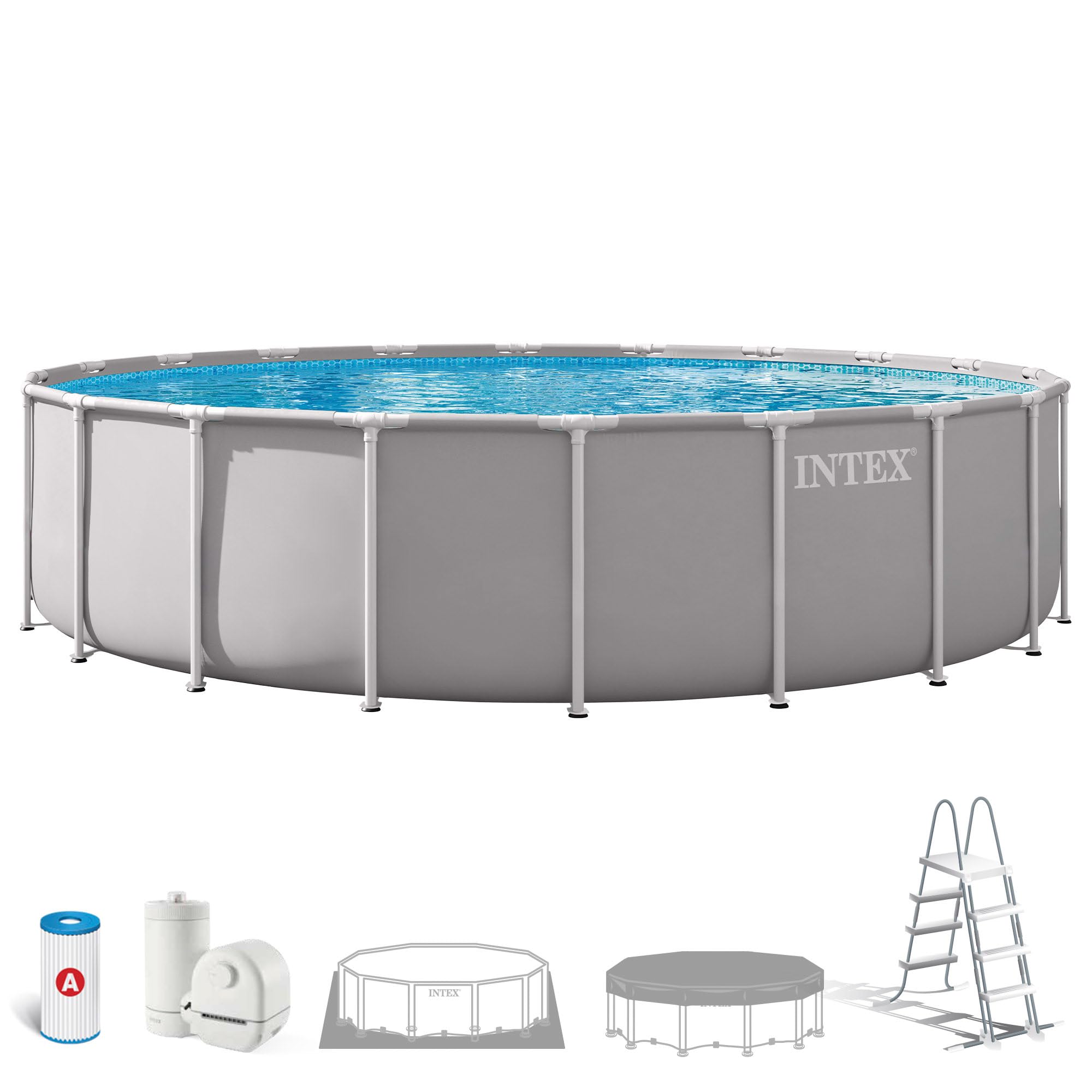 Intex - Piscina Desmontable, Gris, D610x132 cm, Capacidad para 32.695 litros, Escalera, Tapiz, Cobertor, Estructura metálica, Montaje 60 Minutos, Conexiones Ø38 mm (56087)