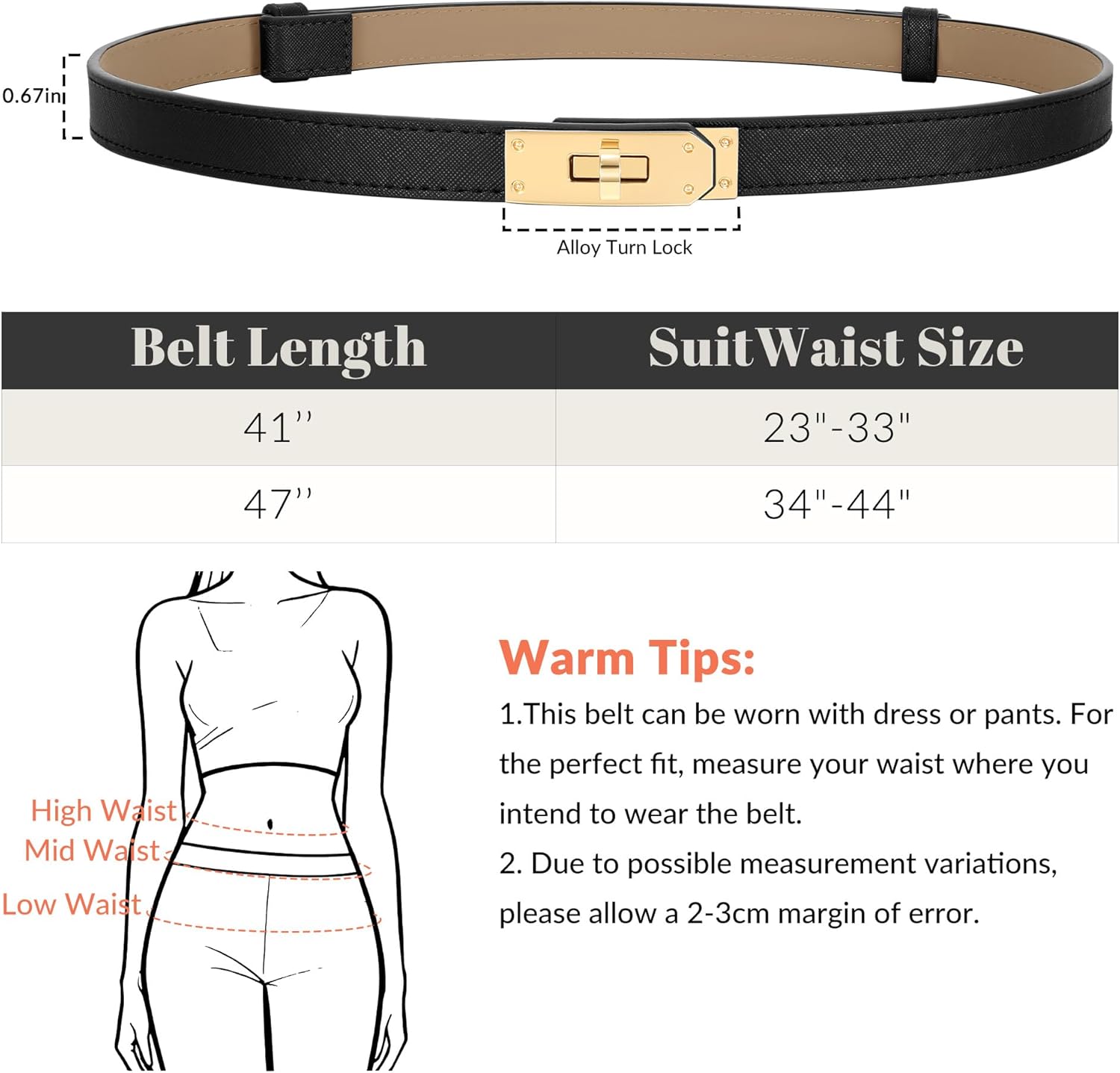2 Pack Women Skinny Leather Belt for Dresses Jeans Solid Color Alloy Turn Lock - Image 6