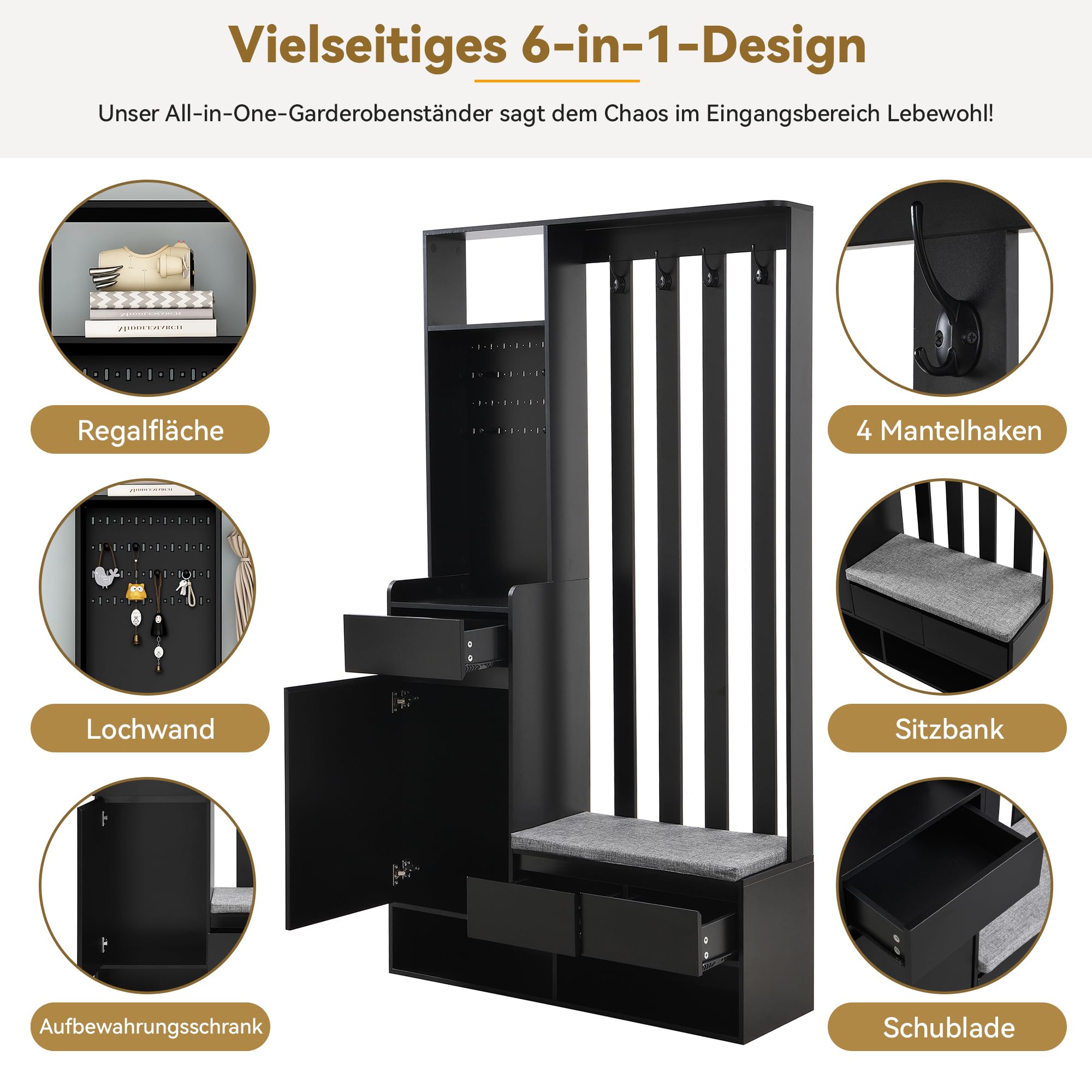 sogesfurniture Garderobe Set mit 4 Kleiderhaken, Schuhbank mit Kissen, 2 Schubladen, Schuhschrank mit Stecktafel, Schwarz