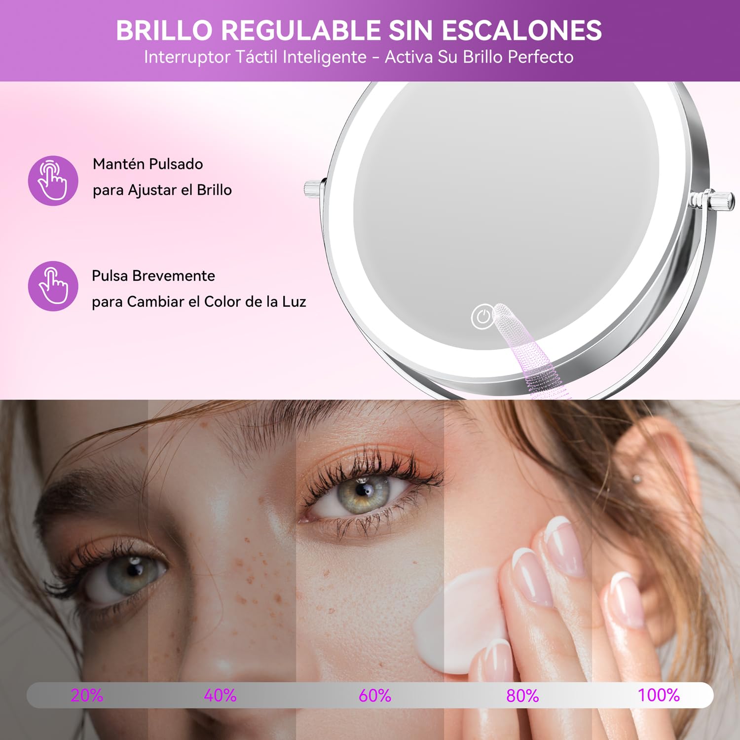 Auxmir Espejo Maquillaje con Luz, 30X/1X Aumento Espejo Telescópico Altura Ajustable 3000mAh Recargable USB, 3 Colores de Luz 60 Leds Brillo Regulable 360 Giratorio, Plata