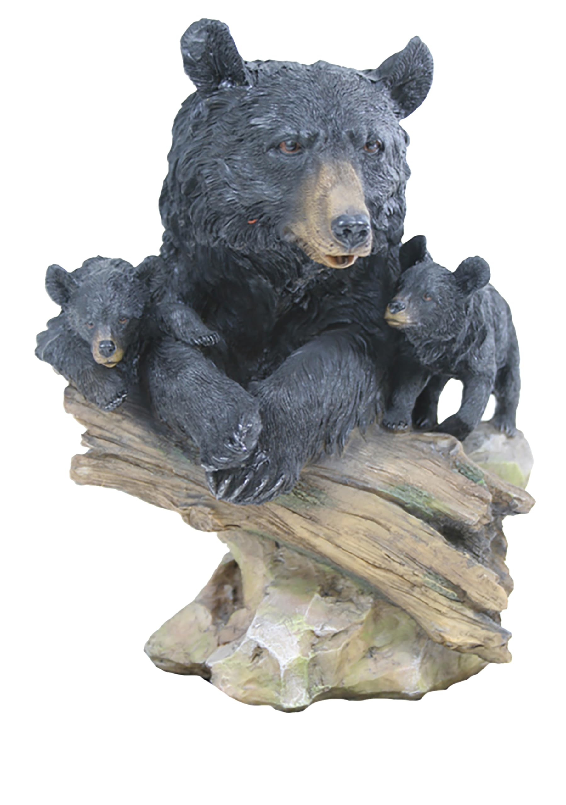 Slifka X4000 Momma Bear & Baby Cubs Tree Stump 10.5 x 6 inch Black and Brown Resin Stone Collectible Tabletop Figurine Sculpture, Everyday Décor