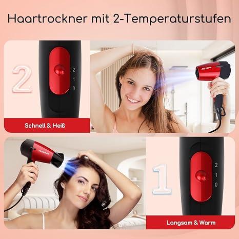 Travel Hair Dryer 115 V + 230 V Double Voltage Perfect for Travel 1400 W Red
