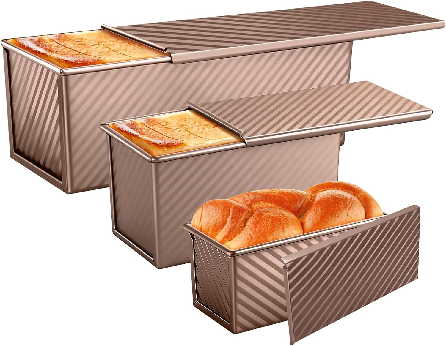 3 Pack Pullman Loaf Pans with Lids, 2.2LB 1LB 0.5LB Bread Pans, Non-stick Carbon Steel Bread Pans for Homemade Sandwich and Baking Sourdough Bread, Corrugated Toast Mold, Golden
