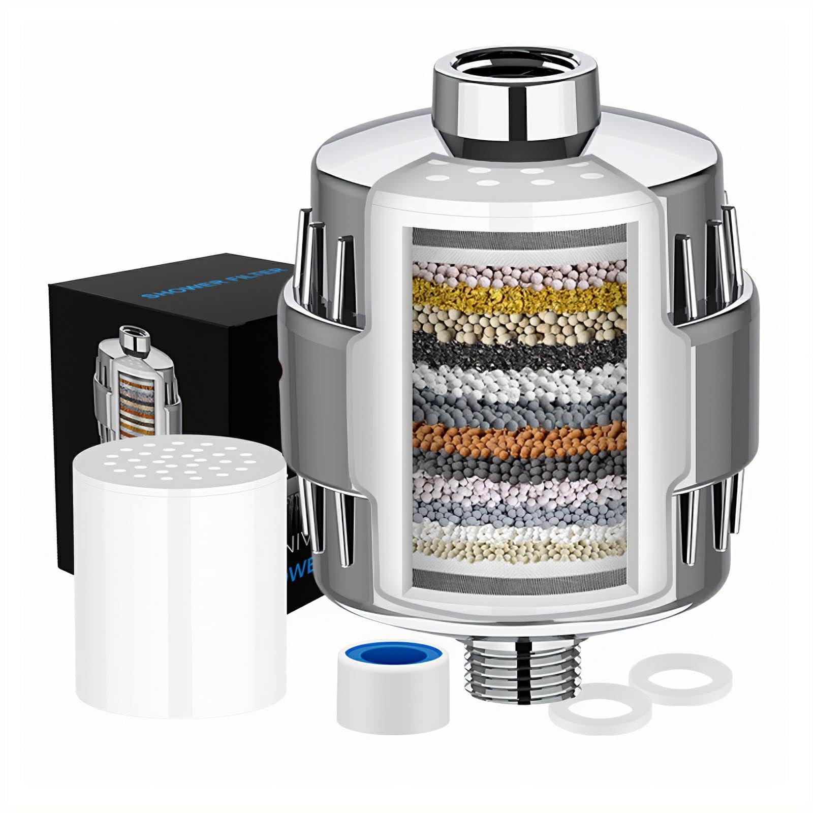 20 Stage Shower Head Filter - 1 Cartridges,Hard Water Filter,99% Remove Chlorine, Fluoride,Heavy Metals and Harmful Impurities,High Output Showerhead Filters for Improving Skin and Hair,Chrome