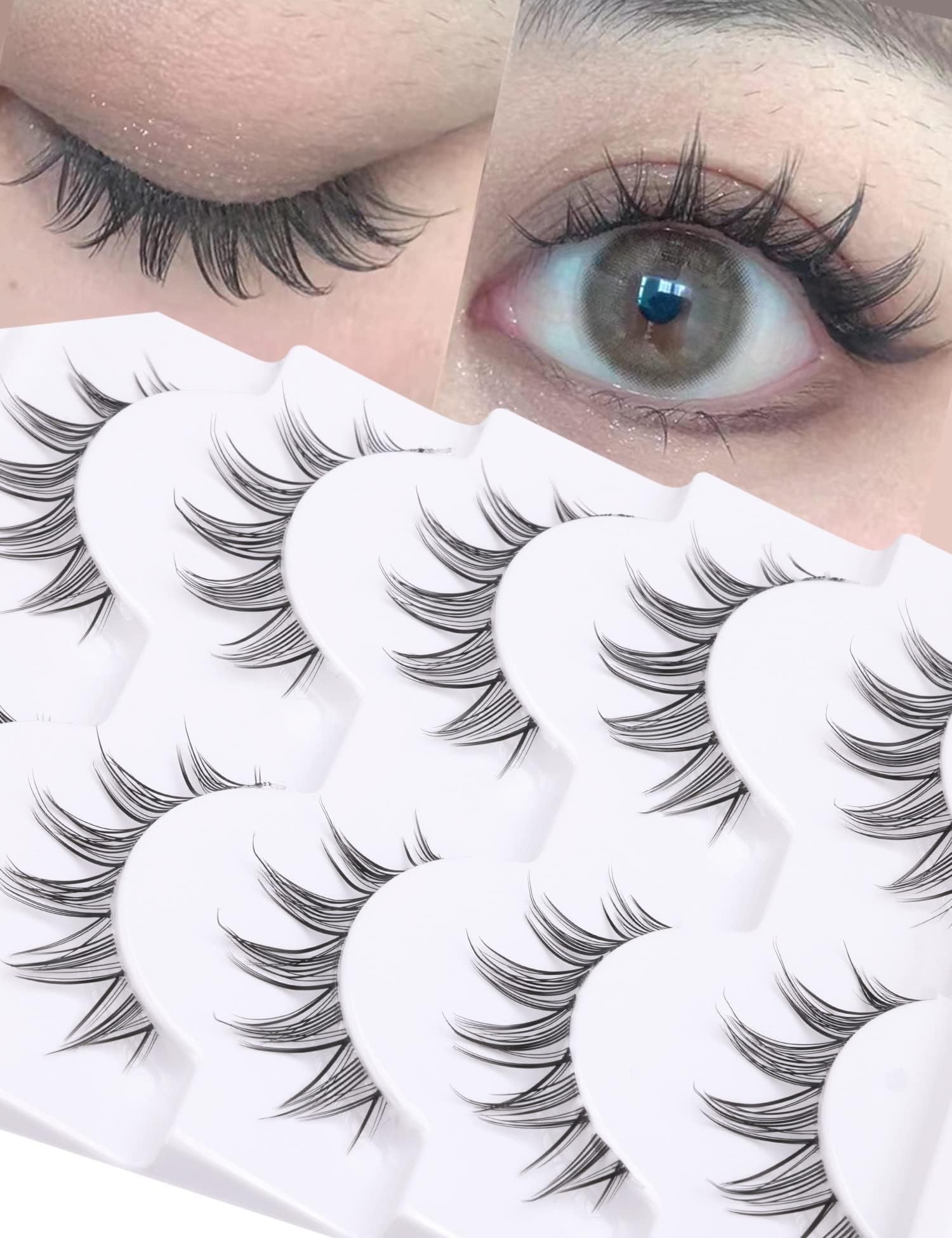 Asian False Lashes Natural Look Eyelashes Wispy 3D Fake Eyelashes Manga Spiky Eye Lashes Pack Clear Lashes Band 5 Pairs ALICROWN Doll Eyelashes
