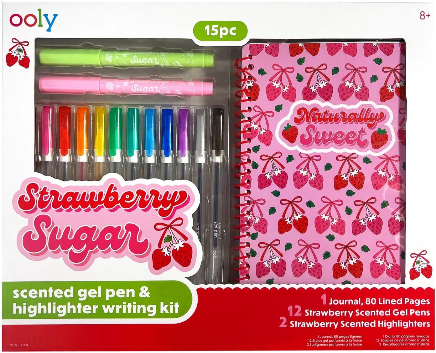 Ooly Strawberry Sugar Writing Kit - 15 Piece Scented Gel Pen & Highlighter Set with Strawberry Journal, Kids, Tween & Teen Writing Kit for Journaling, Planning & Drawing