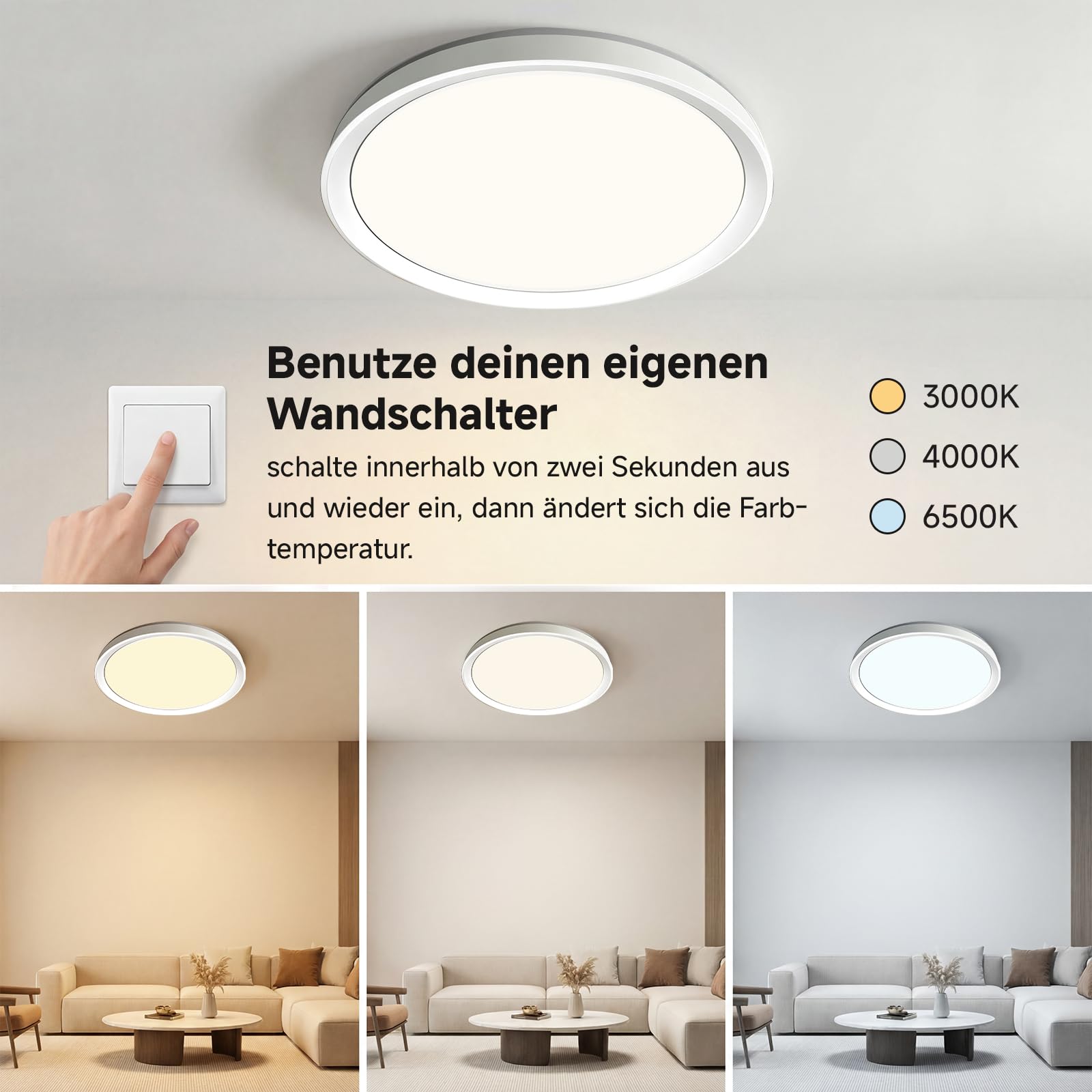 Deckenlampe LED Deckenleuchte,70W 9700lm, Ø48cm Weiße Wohnzimmer Lampe,3 Farbtemperaturen (3000K/4000K/6500K) per Wandschalter Steuerbar,CRI80+ Augenfreundlich,für Flur,Schlafzimmer,Büro
