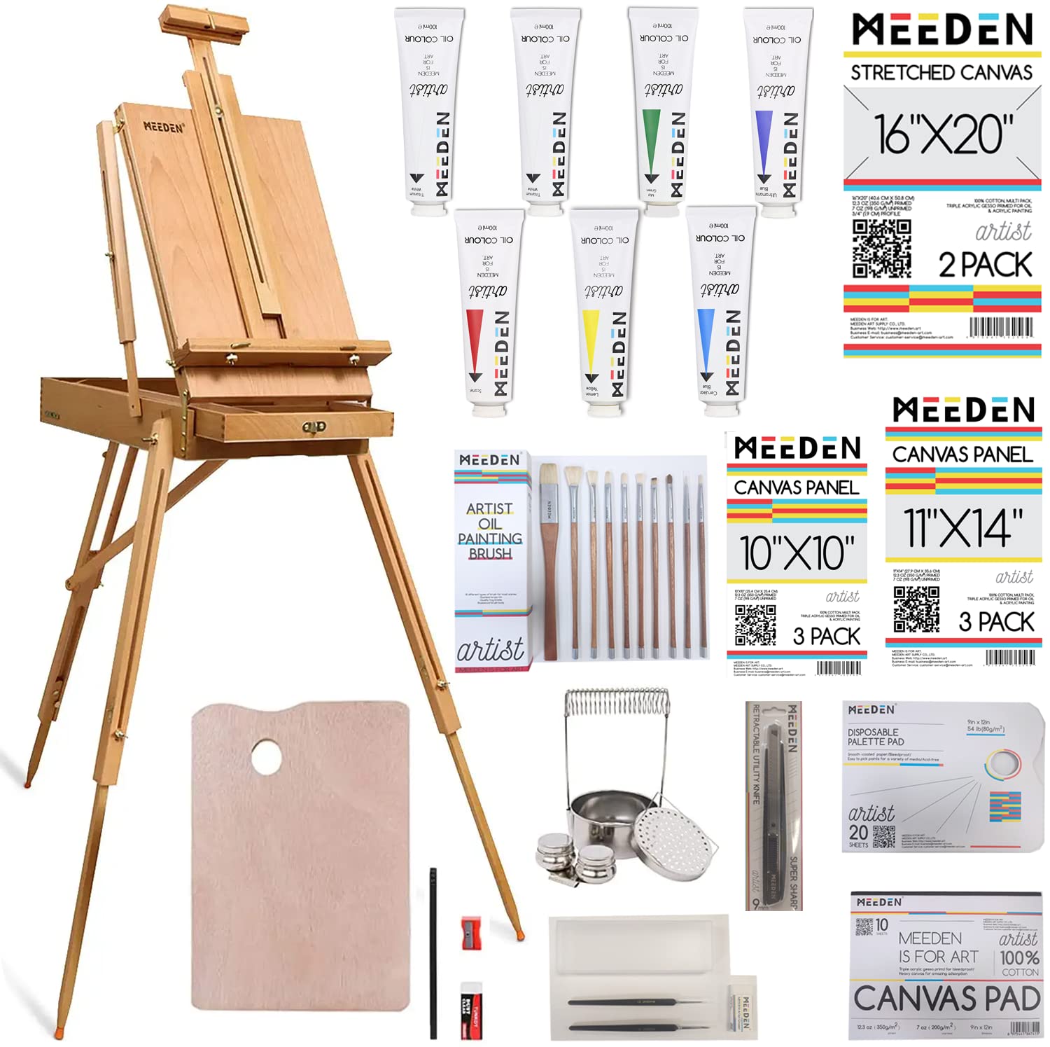 MEEDENOil Paint Set with French Easel,Oil Painting Set with Easel, 7x100ml/3.38oz Oil Paints Set,Paintbrushes,Canvas & Other Oil Painting Supplies for Adults, Gift for Artists