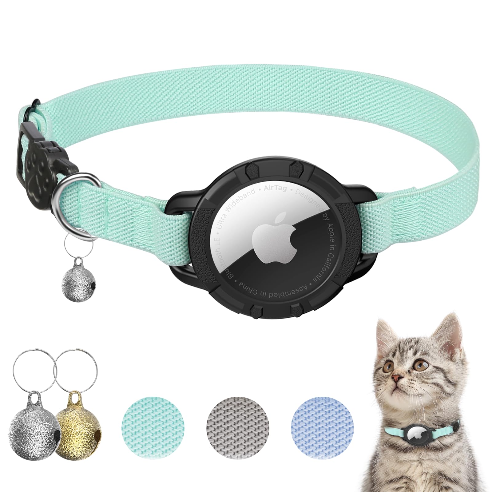 AirTag Katzenhalsband, sucegi dehnbares Kätzchenhalsband mit Apple-Airtag-Halterung und Glocke, Breakaway-Design, ultraelastisches GPS-Tracking, Katzenhalsbänder für Katzen und Welpen, (19,1 - 32,5 cm