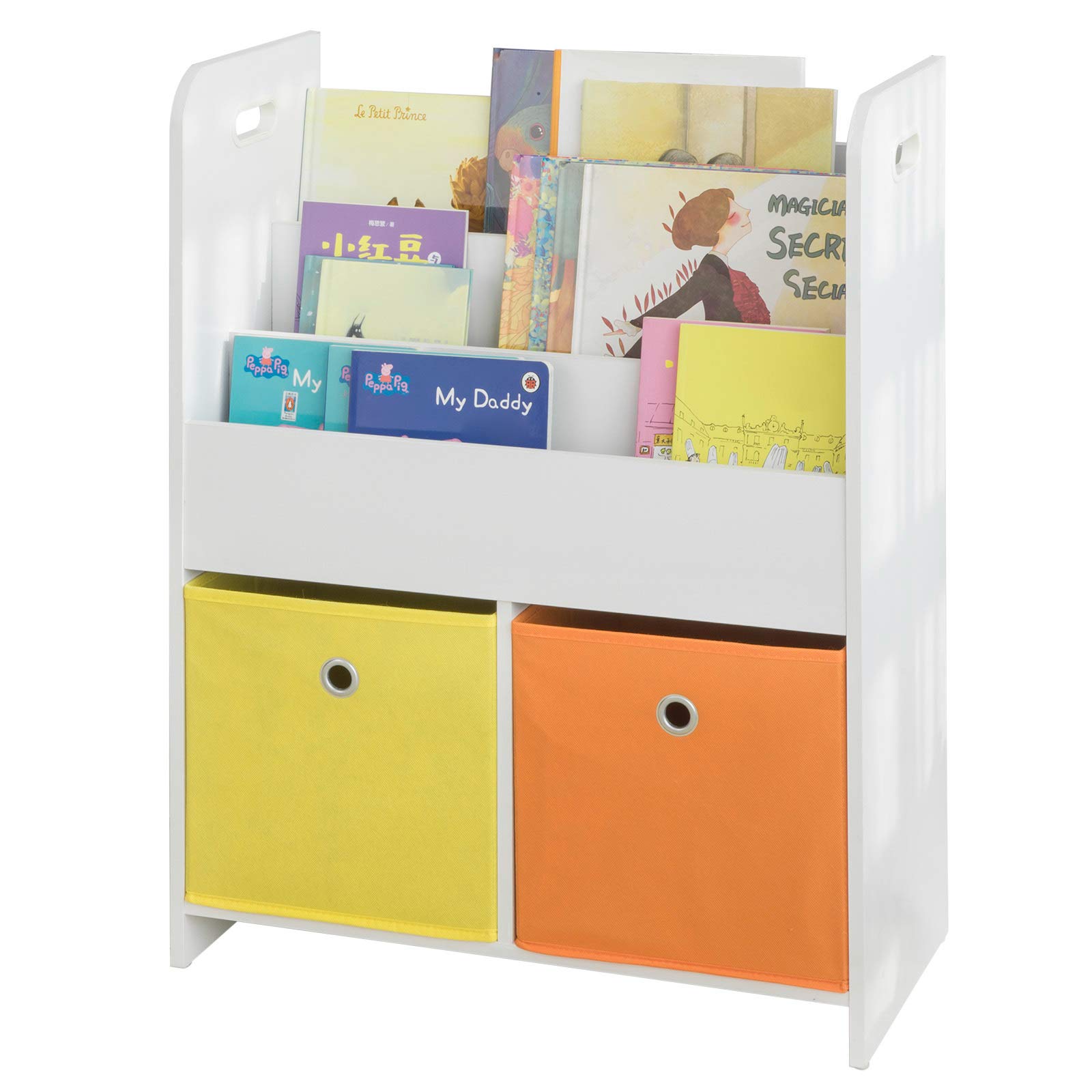 SoBuy KMB27-W dziecięcy regał na książki z 3 półkami i 2 pudełkami z materiału, regał do przechowywania zabawek, organizer na zabawki, biały, szer. x wys. x gł.: 58 x 76 x 27 cm