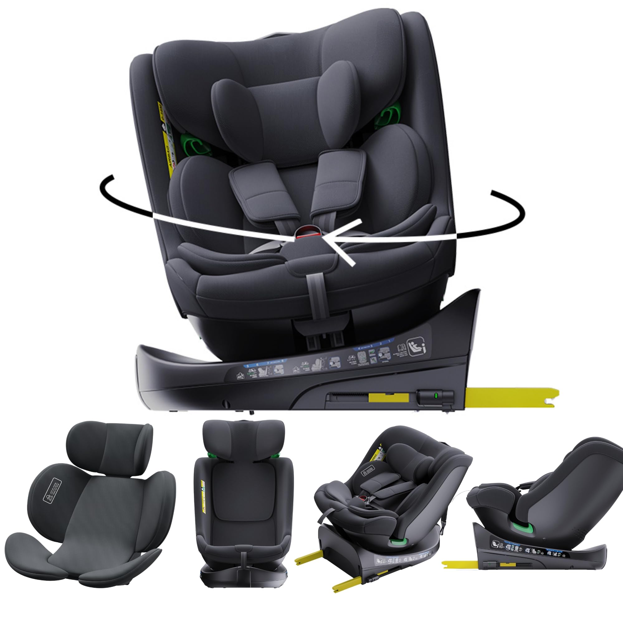 YAZOCO Siège auto bébé, I-SIZE 40-150 cm, 360° pivotant 0 à 36 kg évolutif, dès la naissance et jusqu'à 12 ans environ, Groupe 0/1/2/3, Isofix, RWF, FWF, Protections latérales sièges (Gris)