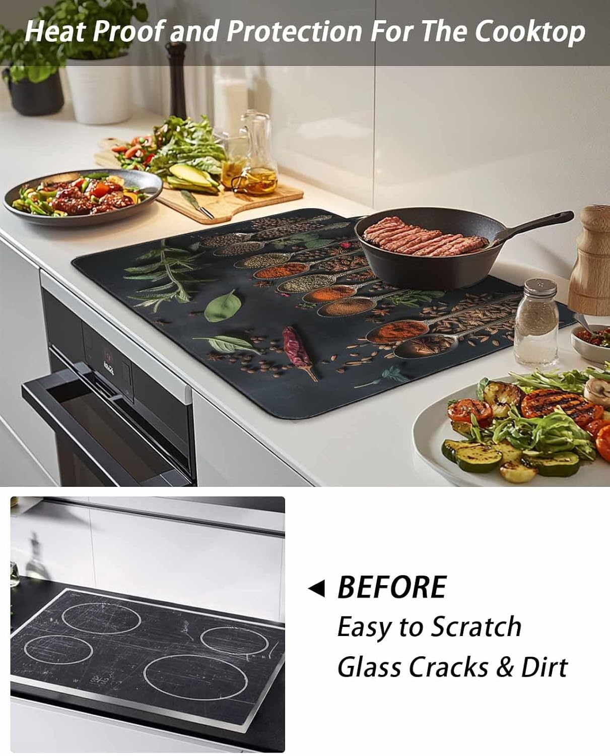 Stove Top Covers for Electric Stove 36x21 Inches, Kitchen HeatResistant Glass Cooktop Protector, Condiment Leaves Pepper Beans Cooking Utensil Ceramic Stovetop Countertop Covers Mat, Oven Cover
