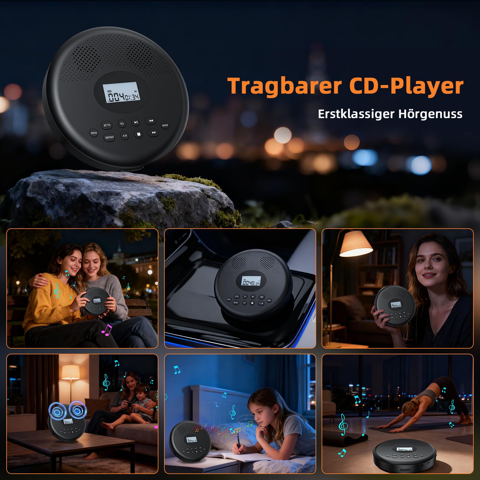 Arafuna Tragbarer CD-Player mit Bluetooth, wiederaufladbarer CD-Player mit Lautsprechern, Anti-Schock, LCD-Display, 7 Wiedergabemodi & 5 EQ, unterstützt TF & AUX, geeignet für Auto, Zuhause und Reise