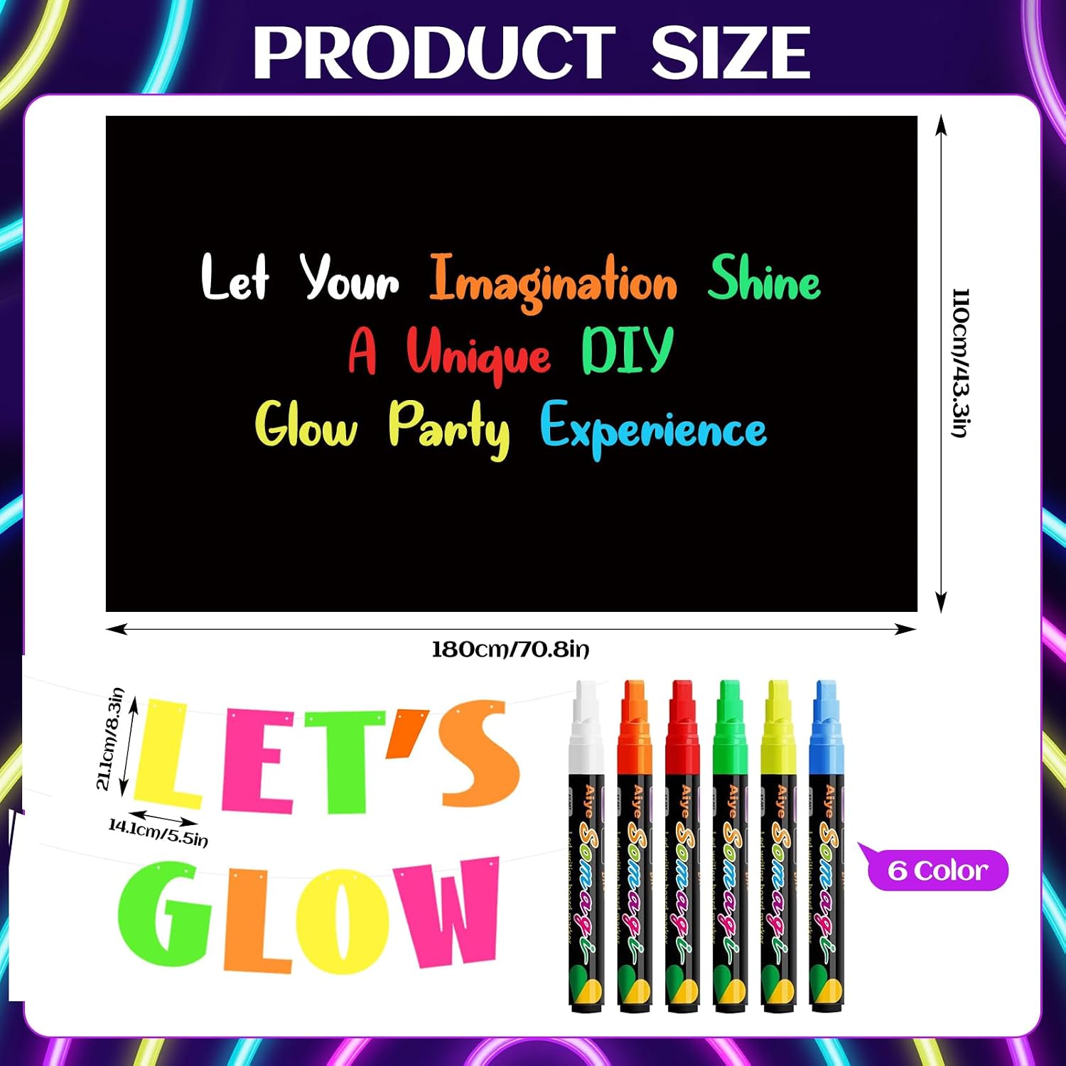 Glow In The Dark Party Supplies, Neon DIY Party Backdrop with 6 Fluorescent Colored Pens Let’s Glow Photography Background Banner for Birthday Sleepover Neon Graffiti Decorations