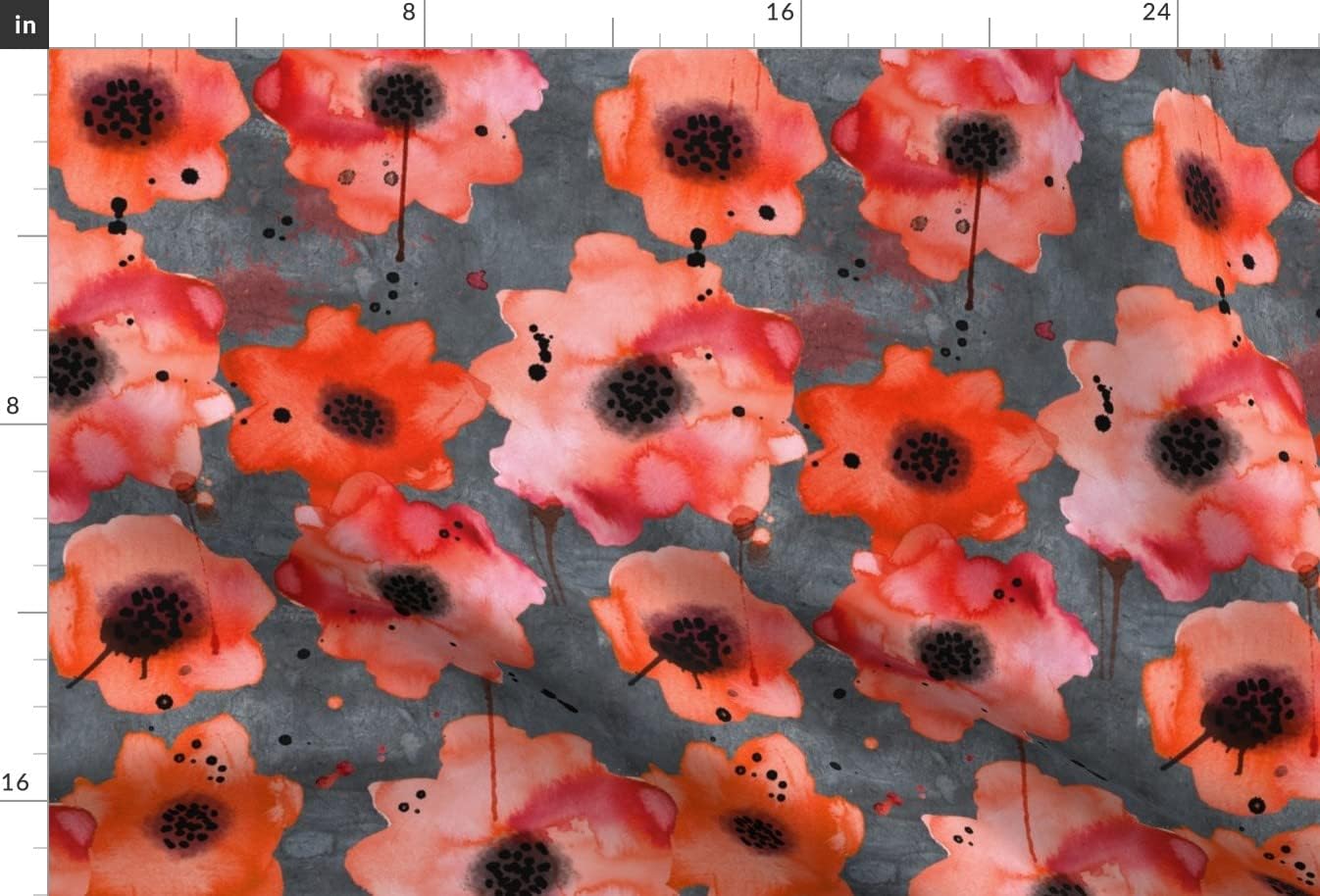 Spoonflower Fabric - Watercolor Poppies Dark Gray Painted Orange Paint Bright Poppy Flowers Printed on Upholstery Velvet Fabric Fat Quarter - Upholstery Home Decor Bottomweight Apparel