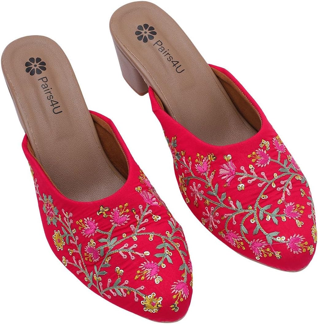 Women's Embroidered Canvas Heels - Stylish Slip-On Ethnic Footwear with Comfortable PVC Sole for All Occasions