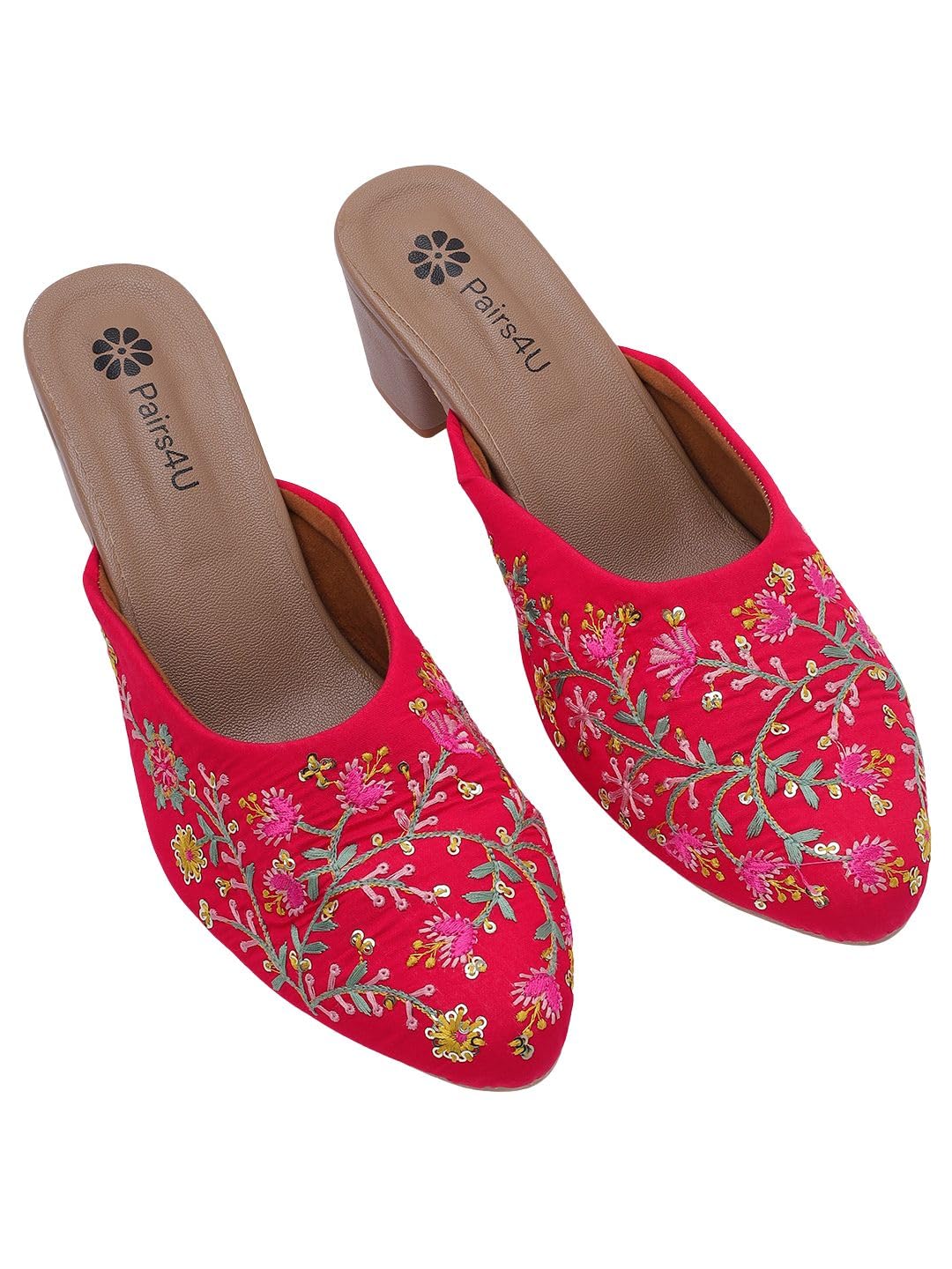 Women's Embroidered Canvas Heels - Stylish Slip-On Ethnic Footwear with Comfortable PVC Sole for All Occasions