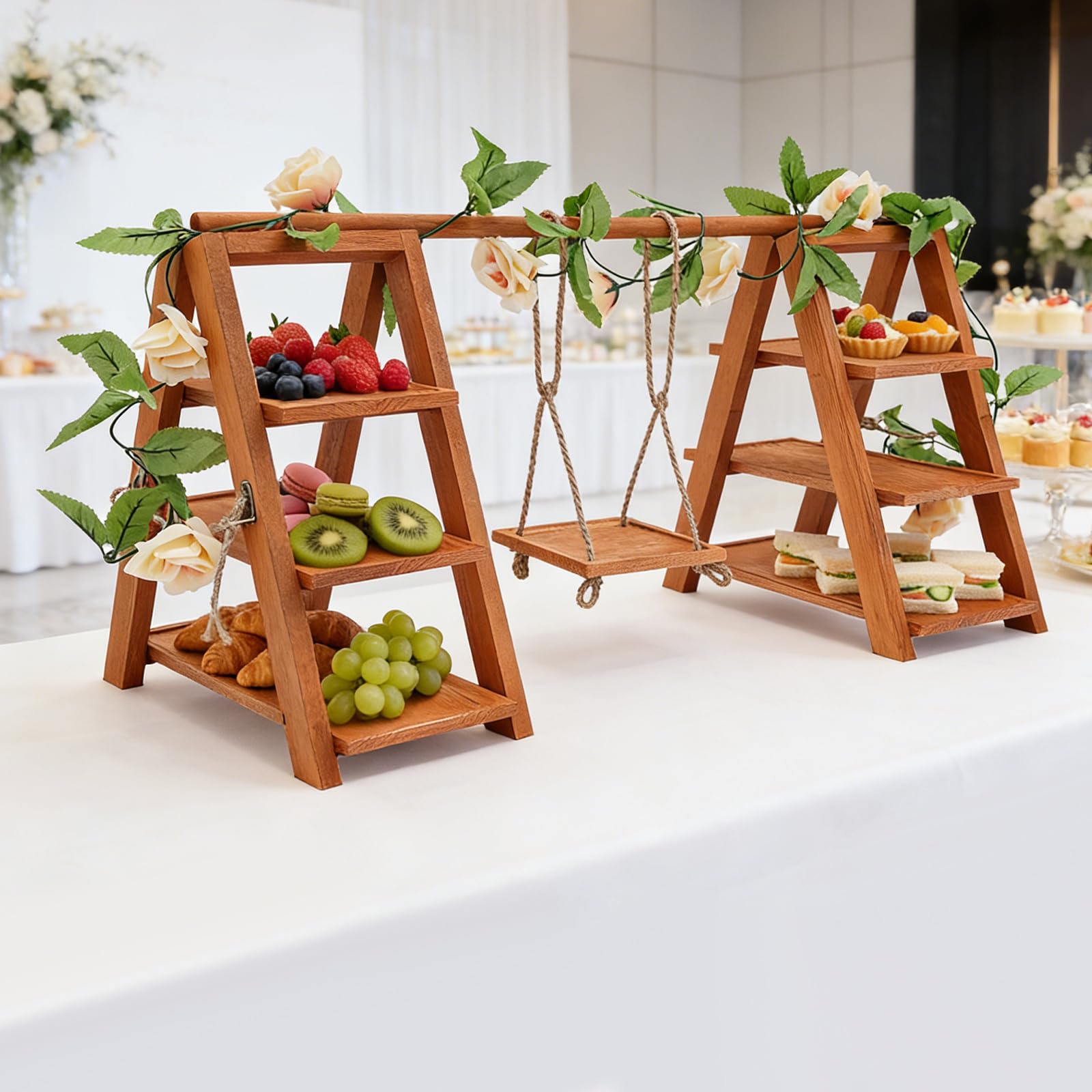 Soporte de madera para cupcakes de 3 niveles, para postres, tartas, aperitivos, con columpio y decoración de flores, escalera plegable para servir cumpleaños, fiestas de té, bodas y decoración
