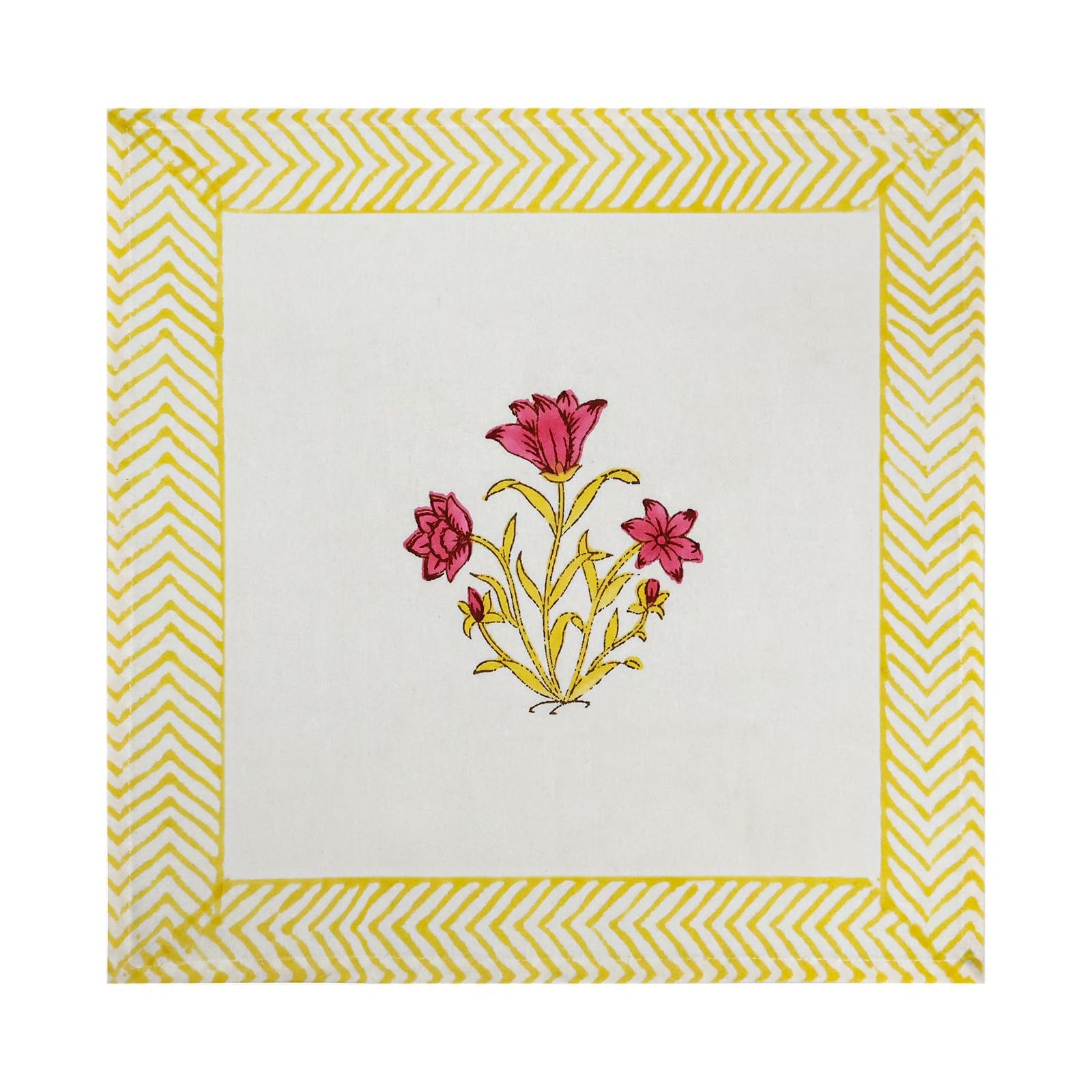20x20 Inches Cotton Napkins Set of 4, White Yellow, Washable Hand Block Printed Reusable Cloth Napkins For Dinning, Party, Wedding, Restaurant, Cocktail, Home Decor Autumn Outdoor Valentine Gifts
