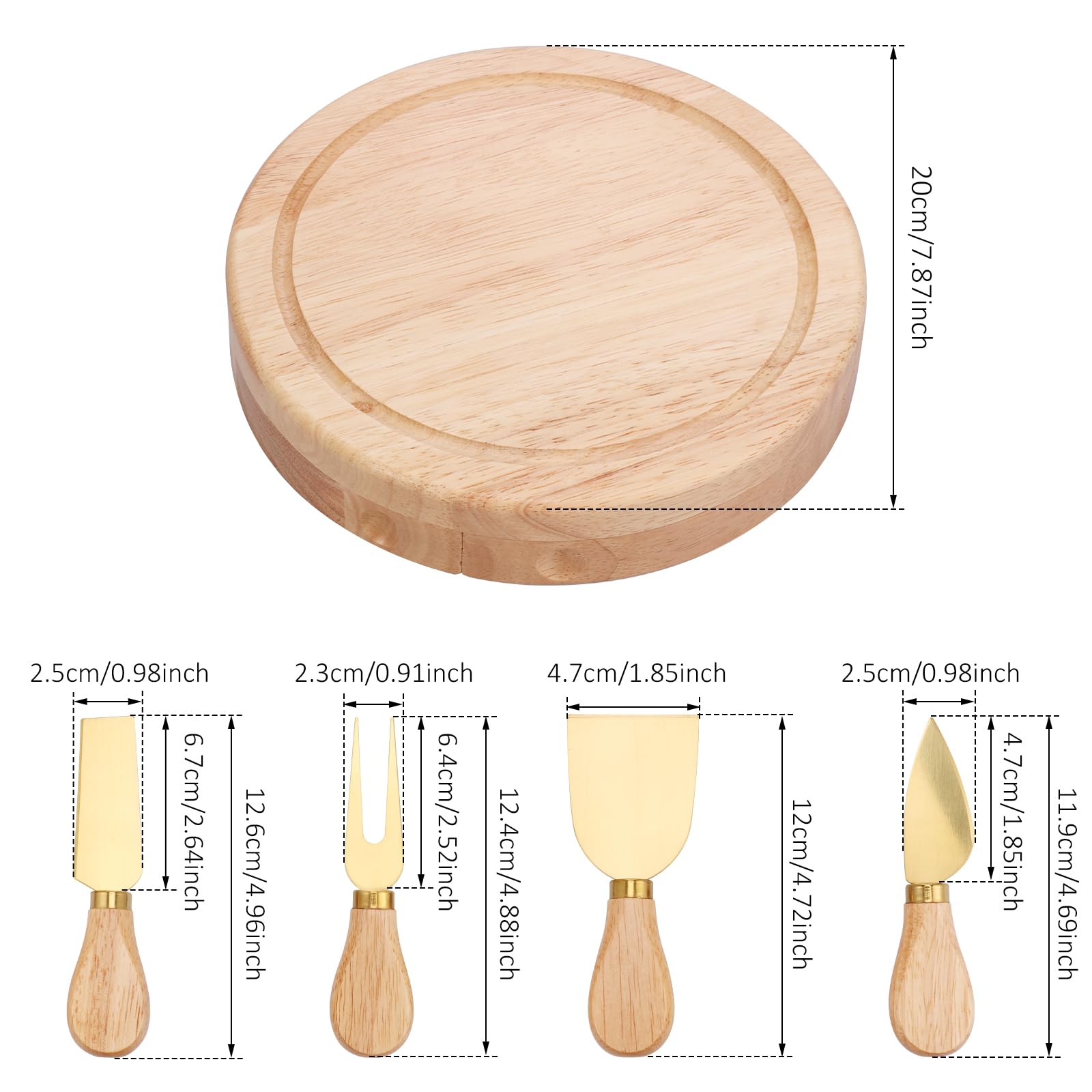 Wood Round Cheese Board, Practical Charcuterie Board with Cheese Cutter and Fork Smooth Cheese Plate Board Round Cheese Serving Tray Elegant Cheese Serving Platter for Women and Cheese Lovers (Gold)