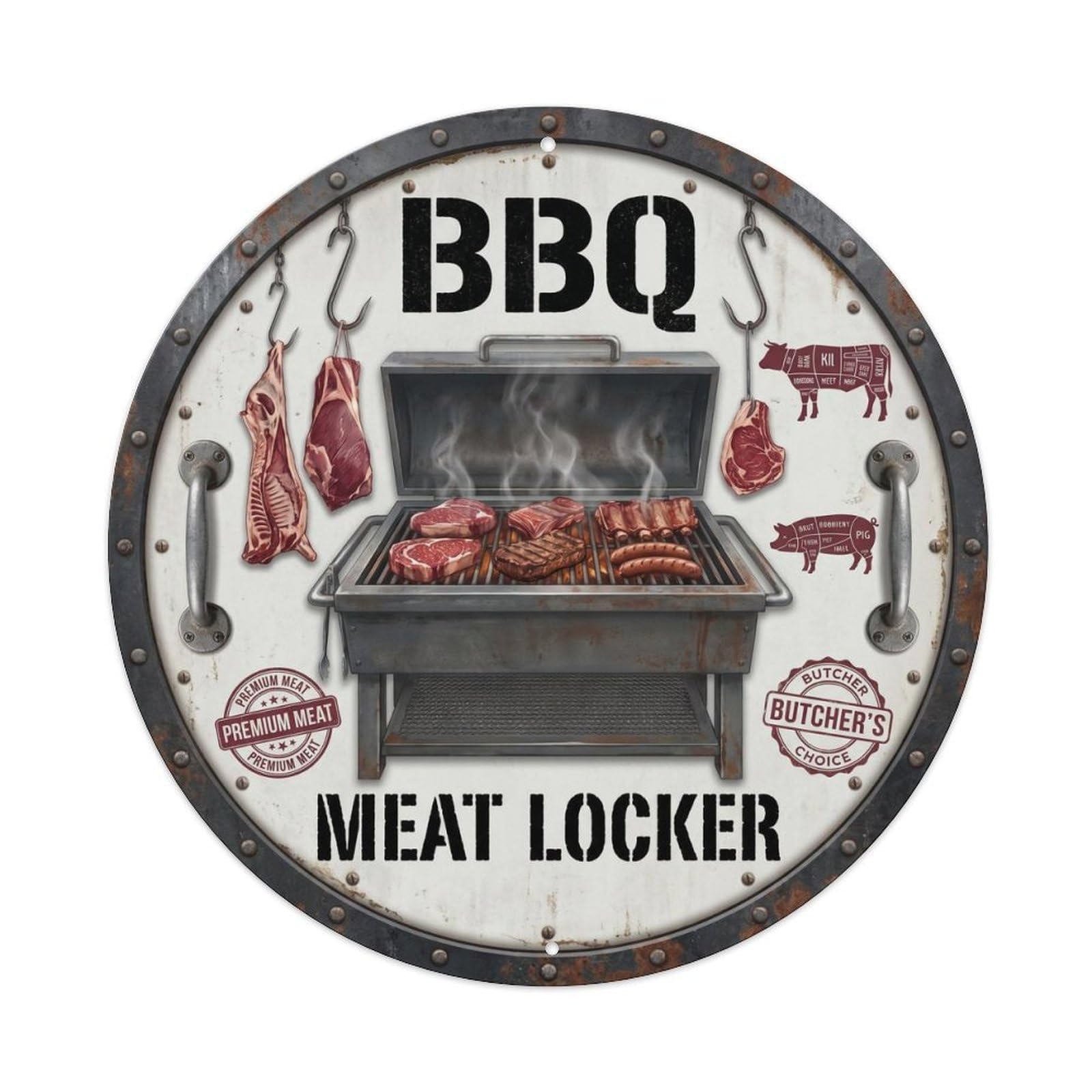 BBQ Barbecue Meat Locker Vintage Metal Tin Sign Plaque Wall Decor for Cafe, Club, Garden Round Metal Poster 8x8Inch