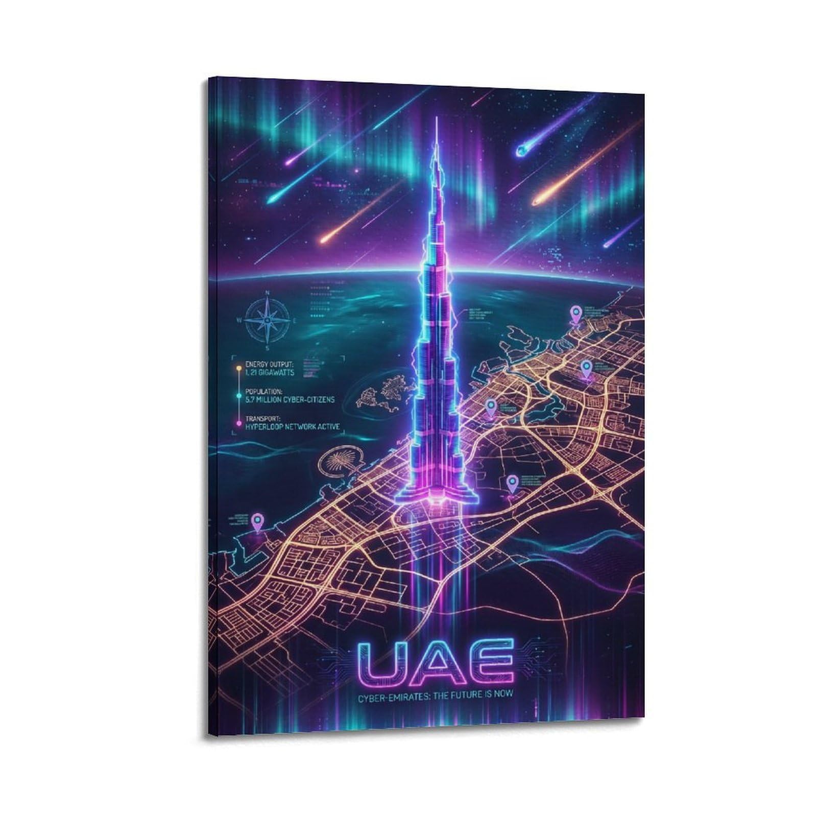 XKUGA Cyber Dubai Cityscape Futuristic UAE Map Skyline Poster Modern Decorative Canvas Prints - Ideal Wall Art for Family, Man Cave, Game Room, Boys & Girls Bedroom 20x30inch(50x75cm)
