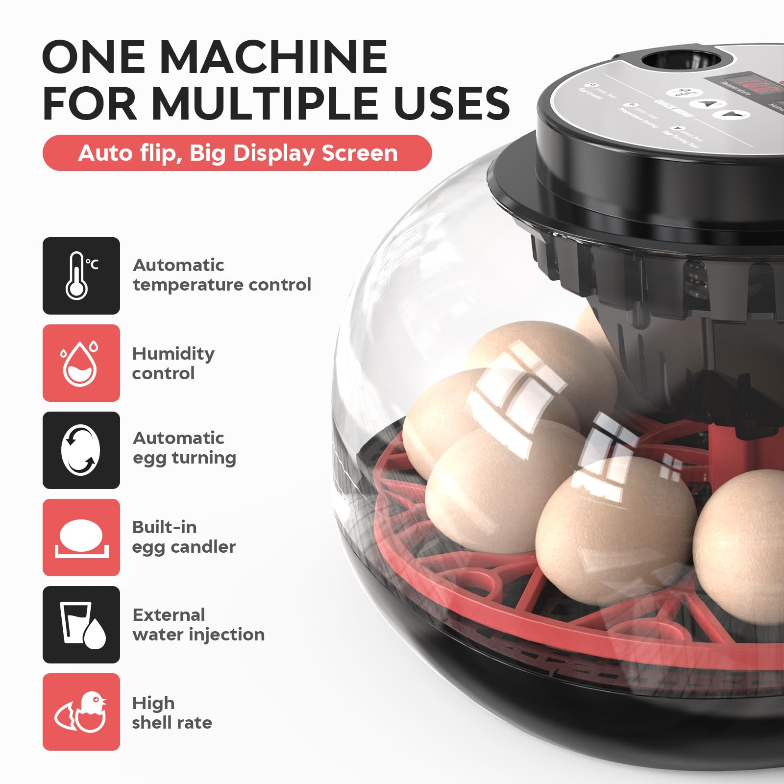 Incubadora de Huevos, Incubadora de 12 Huevos con Volteo Automático de Huevos y Humidificación automática, Incubadora para Huevos de Gallina, Codorniz, Pato, con Lámpara de Huevo