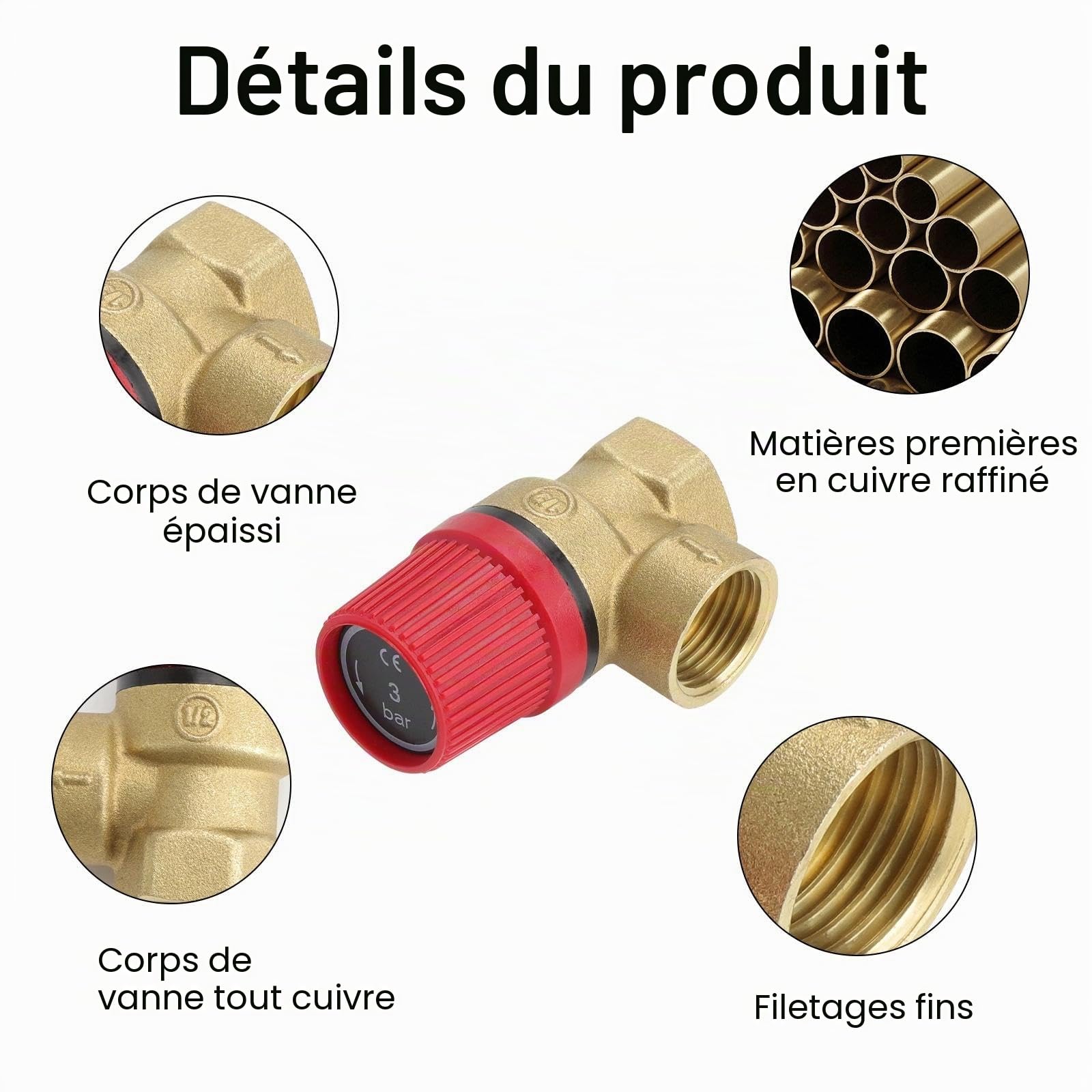Soupape de sécurité 1/2" 3 bar en laiton pour système de chauffage, chauffe-eau et chaudière, contrôle précis de la pression, anti-fuite, installation facile pour systèmes de chauffage