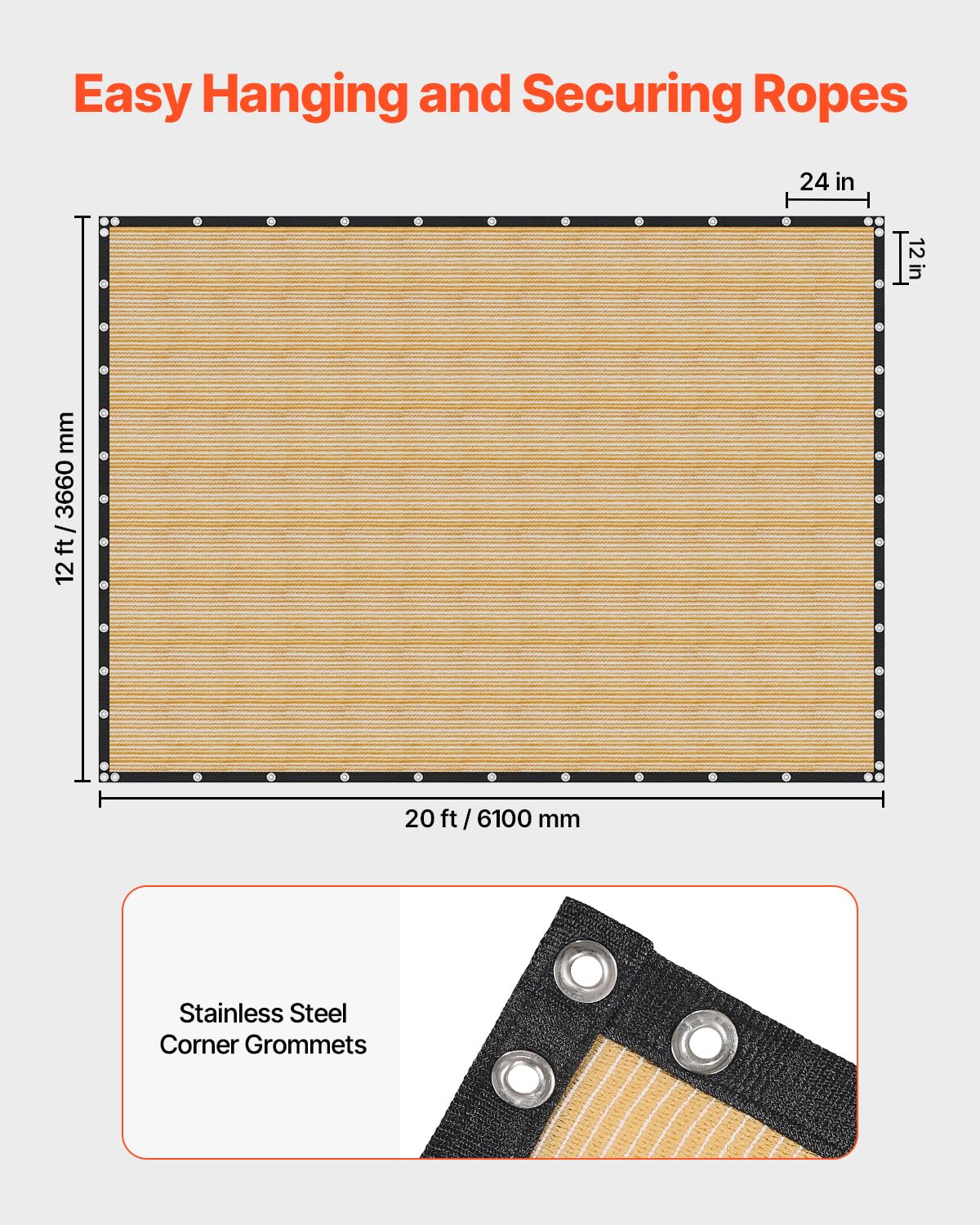 VEVOR Vela Ombreggiante con Protezione Solare, 366 x 610 cm, per Pergolato con Occhielli in Acciaio Inox, Telo Ombreggiante con Materiale HDPE, per Esterno Patio Giardino Cortile, Beige