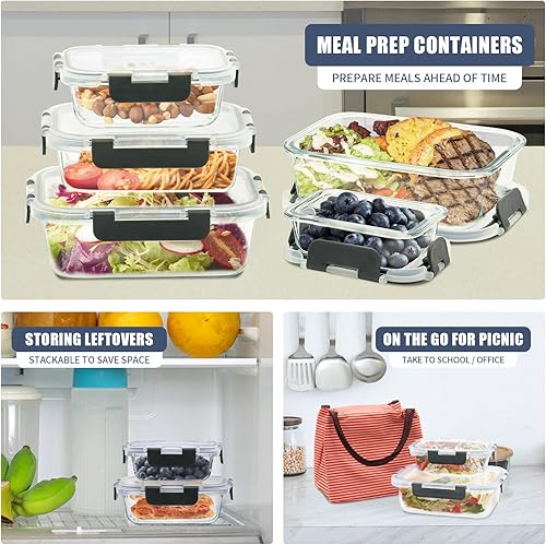 Miniatura 3 de Paquete de 12 recipientes de vidrio para almacenamiento de alimentos, recipientes de almacenamiento de vidrio con tapas para preparación de comidas,