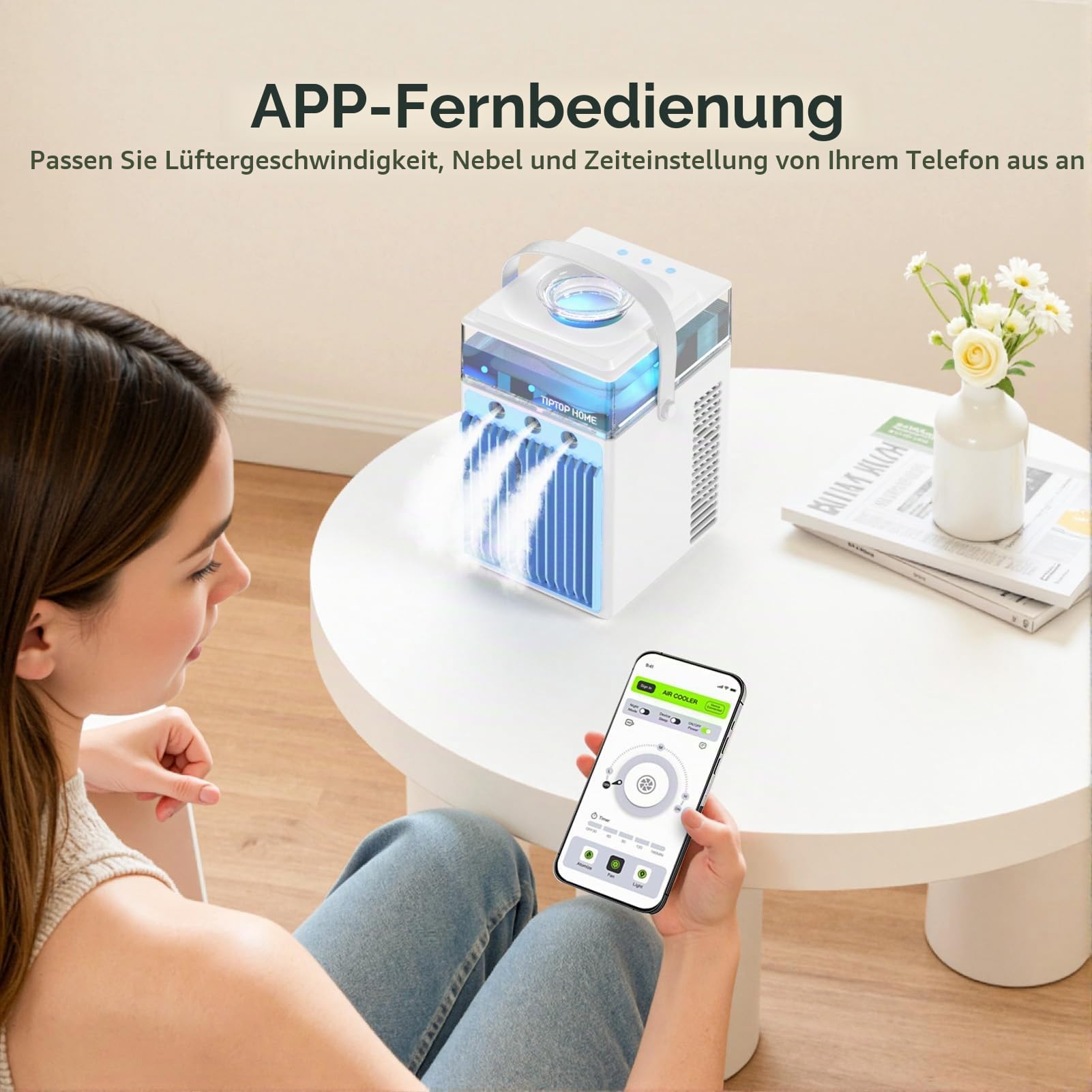 Mobile Klimaanlage, 5 in 1 Mini Klimagerät mit App-Steuerung, Persönlich Ventilator mit 800ml Wassetank, 3 Geschwindigkeiten, 3 Nebelmodi, Tragbarer Klimaanlage für Zimmer Büro