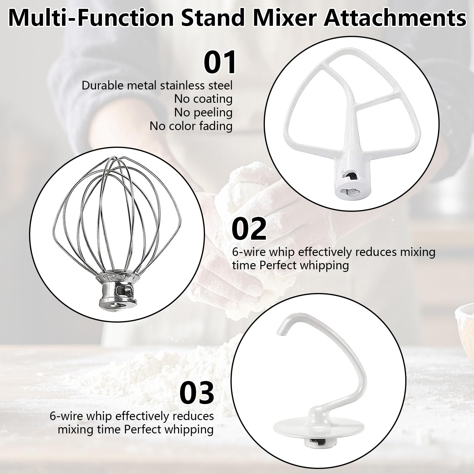 Juego de Accesorios para Máquina de Cocina, 3 Piezas Kitchen Accesorios Fabricados con Batidor K45WW Gancho para Masa K45DH Y Batidor Plano K45B para Preparar Una Variedad de Deliciosos Platos