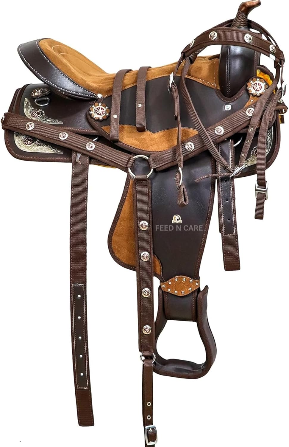 Western Synthetic Horse Saddle – Lightweight Cordura Padded Seat for Barrel Racing & Trail Riding – Includes Breast Collar, Headstall & Reins – 10″ to 18″ Seat