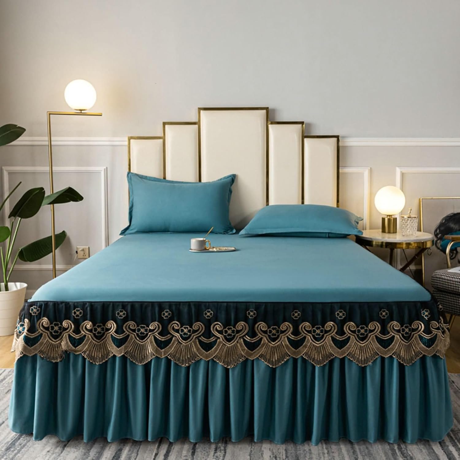 Beydodo Bedsheets 150x200cm, Ruffled Bed Skirt Cotton Solid Blue with Lace, Fitted Bed Sheets for Dorm