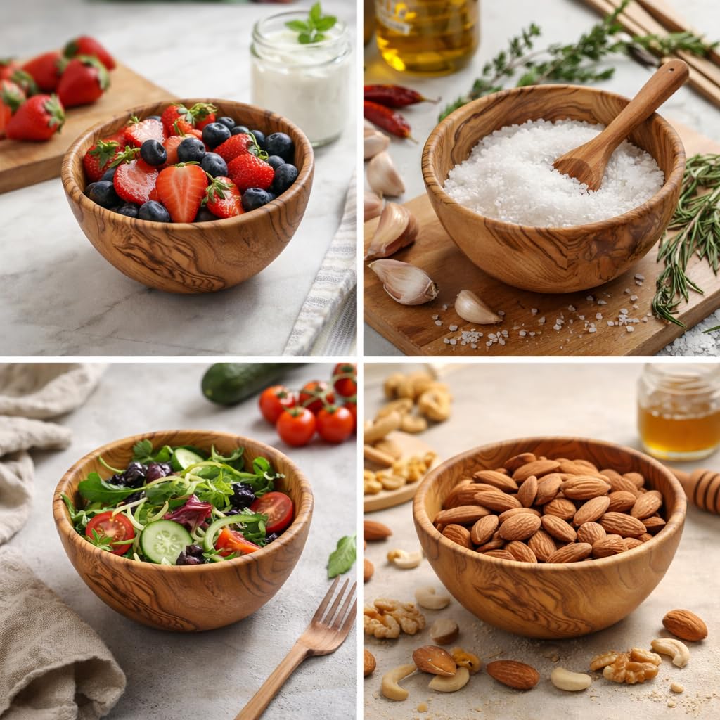 Cuenco de madera de olivo natural artesanal para servicio de cocina aperitivo cereal ensalada Tapas – Uso diario y decoración – 16 cm
