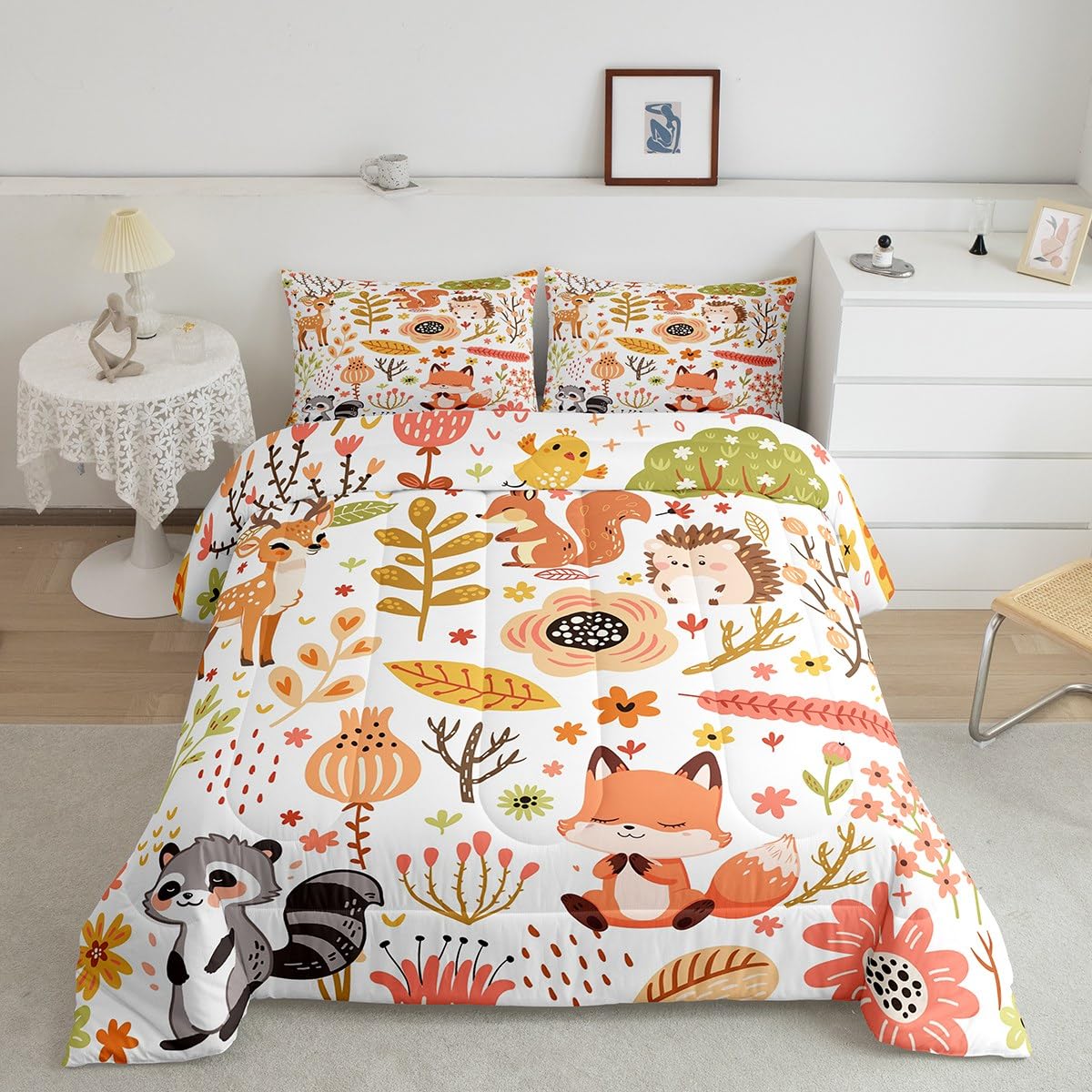 Feelyou Kawaii Animals Comforter King Size Bedding Set for Kids Children Cute Fox Woodland Raccoon Wildlife Print Bedding Set Flower Leaves Quilt Duvet Set Colorful Toddler Bedroom Decor