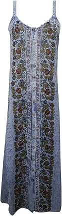 Mogul Interior Womens Strap Maxi Dress Blue Embroidered Stonewashed Boho Dresses S/M