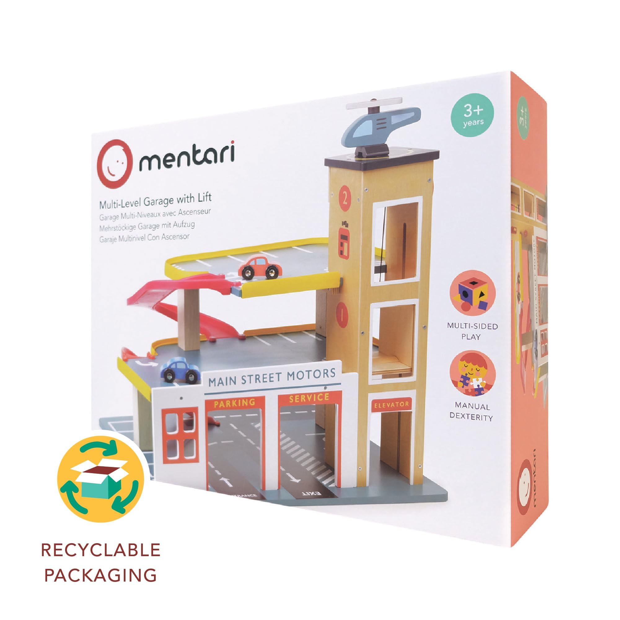 Mentari Garge multilivello con ascensore - Parcheggio in legno con 3 livelli 2 rampe fornito con 2 auto e un elicottero - Immaginazione e narrazione - Età 3+