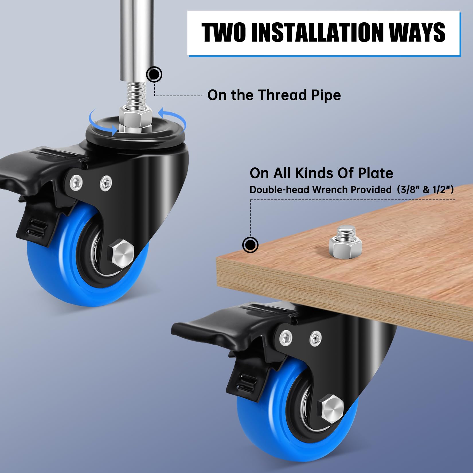 Ruote con perno filettato da 2 pollici, ruote con perno filettato per carichi pesanti, set di 8 ruote girevoli 3/8"-16 x 1 (diametro vite 3/8", lunghezza 1") con doppio bloccaggio per mobili e carre