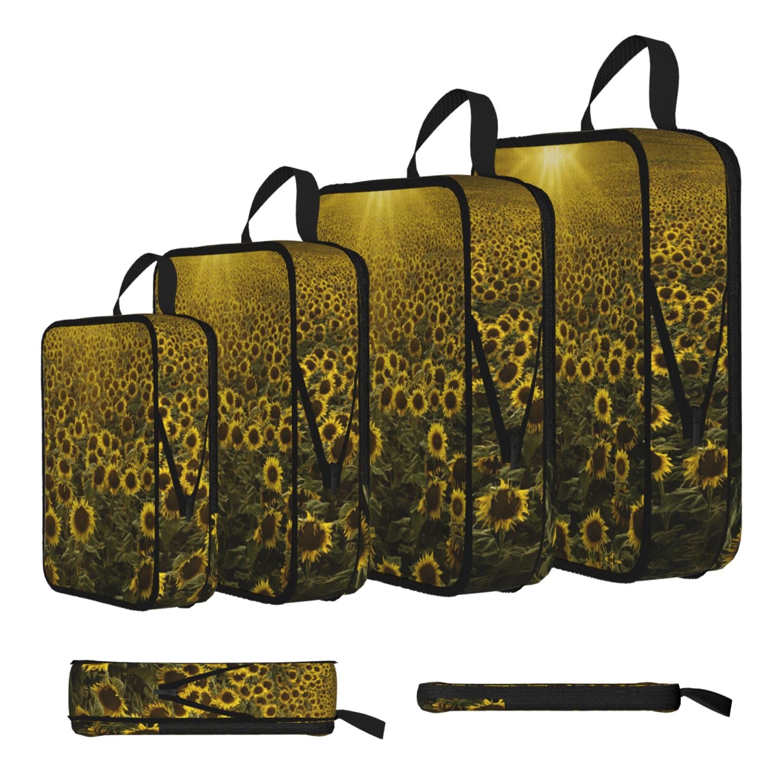 Esnaiuvcd Black Sun Sunflower Print 4 Set Compression Packing Cubes For Suitcases,Expandable Storage Bags Organizers