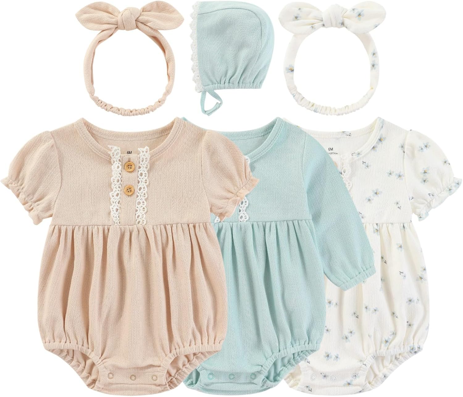 Kiddiezoom Baby Girl Cotton Fresh floral fragments Bubble Romper Cute straps and headscarves