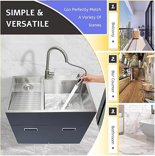 Miniatura 2 de Fregadero de lavandería de acero inoxidable con tabla de lavado integrada, bañera para lavar a mano con panel grueso, fregadero de lavandería con