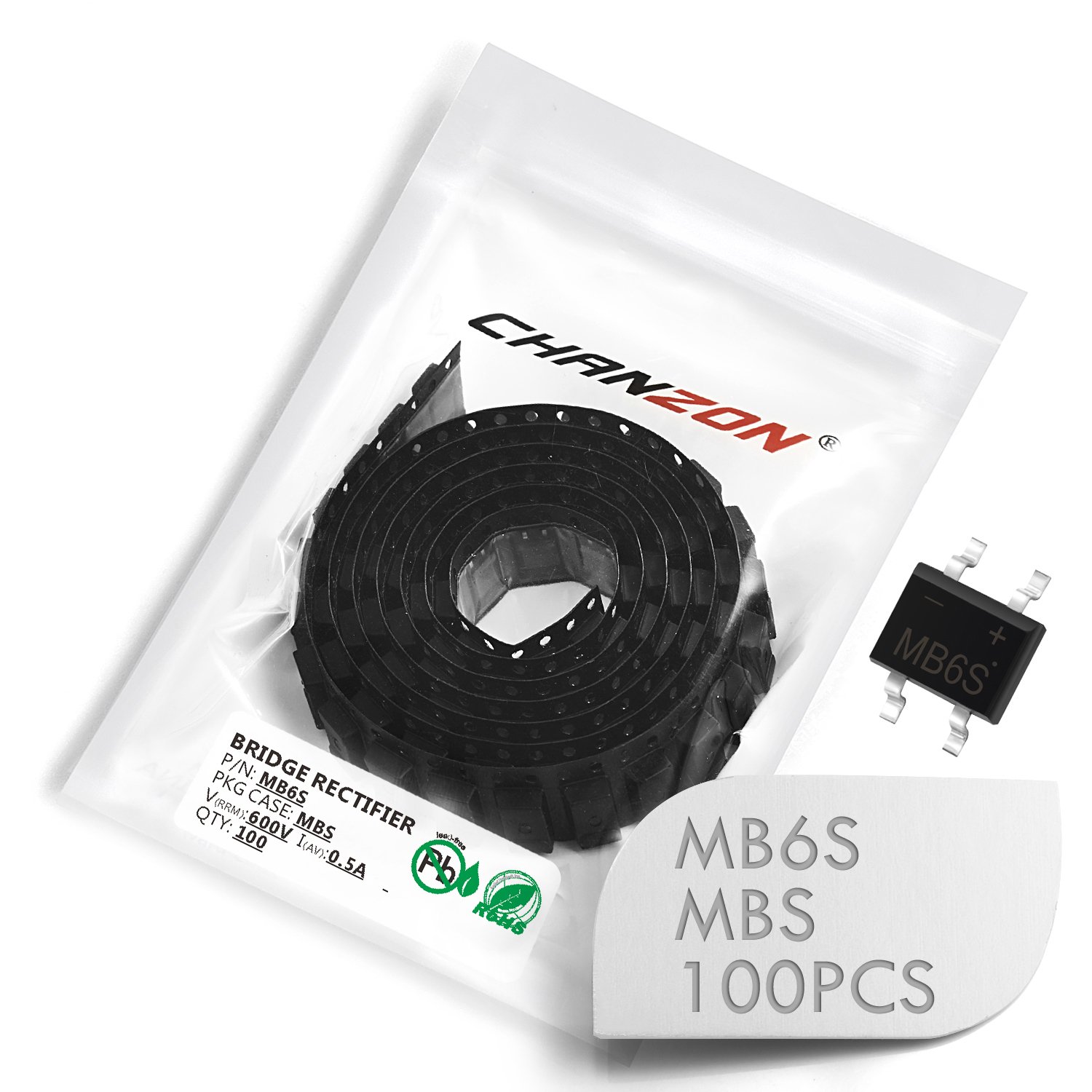 (Pack of 100 Pieces) Chanzon MB6S SMD Bridge Rectifier Diode 0.5A 600V MBS (SOIC-4) Single Phase 0.5 Amp 600 Volt Silicon Diodes