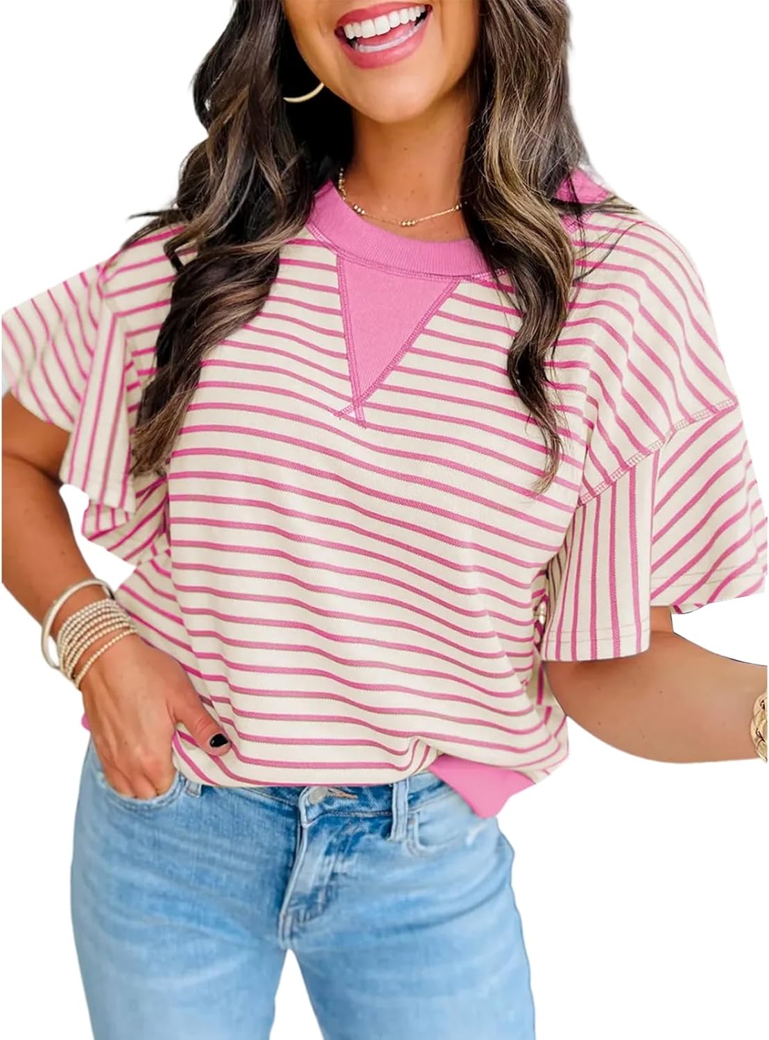 Women's Summer Striped Ruffle Short Sleeve Tops Contrast Colorblock 2025 Round Neck Loose Fit Cute Casual Top Blouse