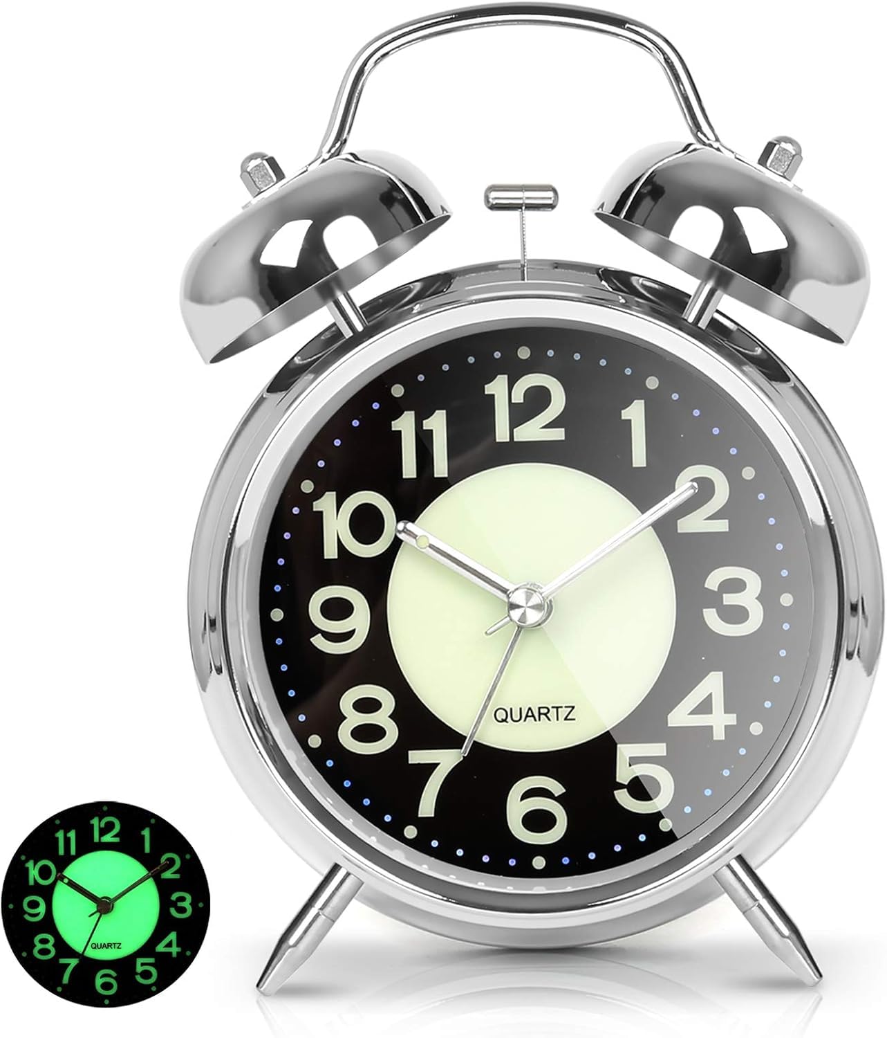 Alarm Clock Glow Luminous Twin Bell Bedroom Bedside Clock Night Glow Home Study Table Office Non Ticking Portable Metal Battery Operated Durable 11.5 x 11.5 CM Multicolor (Pack of 1)-image-38