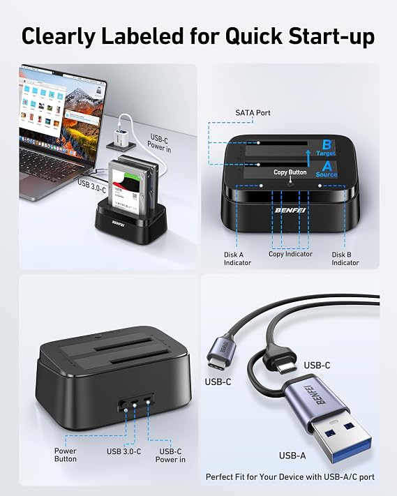 BENFEI Hard Drive Docking Station with UASP Offline Clone Function, USB C Dual Bay Dock for 2.5/3.5 HDD SSD, Up to 5Gbps | Tool Free Installation