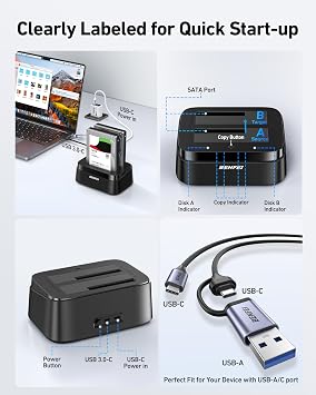 BENFEI Hard Drive Docking Station with UASP Offline Clone Function, USB C Dual Bay Dock for 2.5/3.5 HDD SSD, Up to 5Gbps | Tool Free Installation