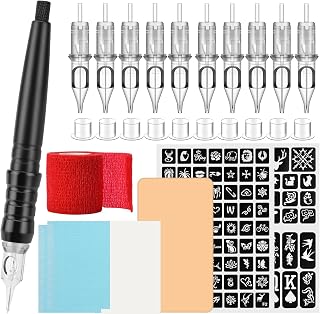 ATOMUS DIY Tattoo Cartridge Pen Poke and Stick Tattoo Kit with Stencil Pattern Practice Skin Ink Cups 10pcs 3RL 5RL Tattoo Cartridge Needles Bandage Table Mats