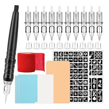 ATOMUS DIY Tattoo Cartridge Pen Poke and Stick Tattoo Kit with Stencil Pattern Practice Skin Ink Cups 10pcs 3RL 5RL Tattoo Cartridge Needles Bandage Table Mats