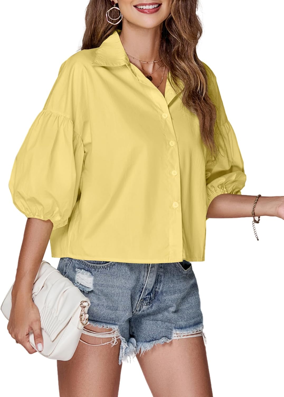 LYANER Women's Collar V Neck Button Down Lantern Short Sleeve Blouse Crop Top Shirt - Image 3